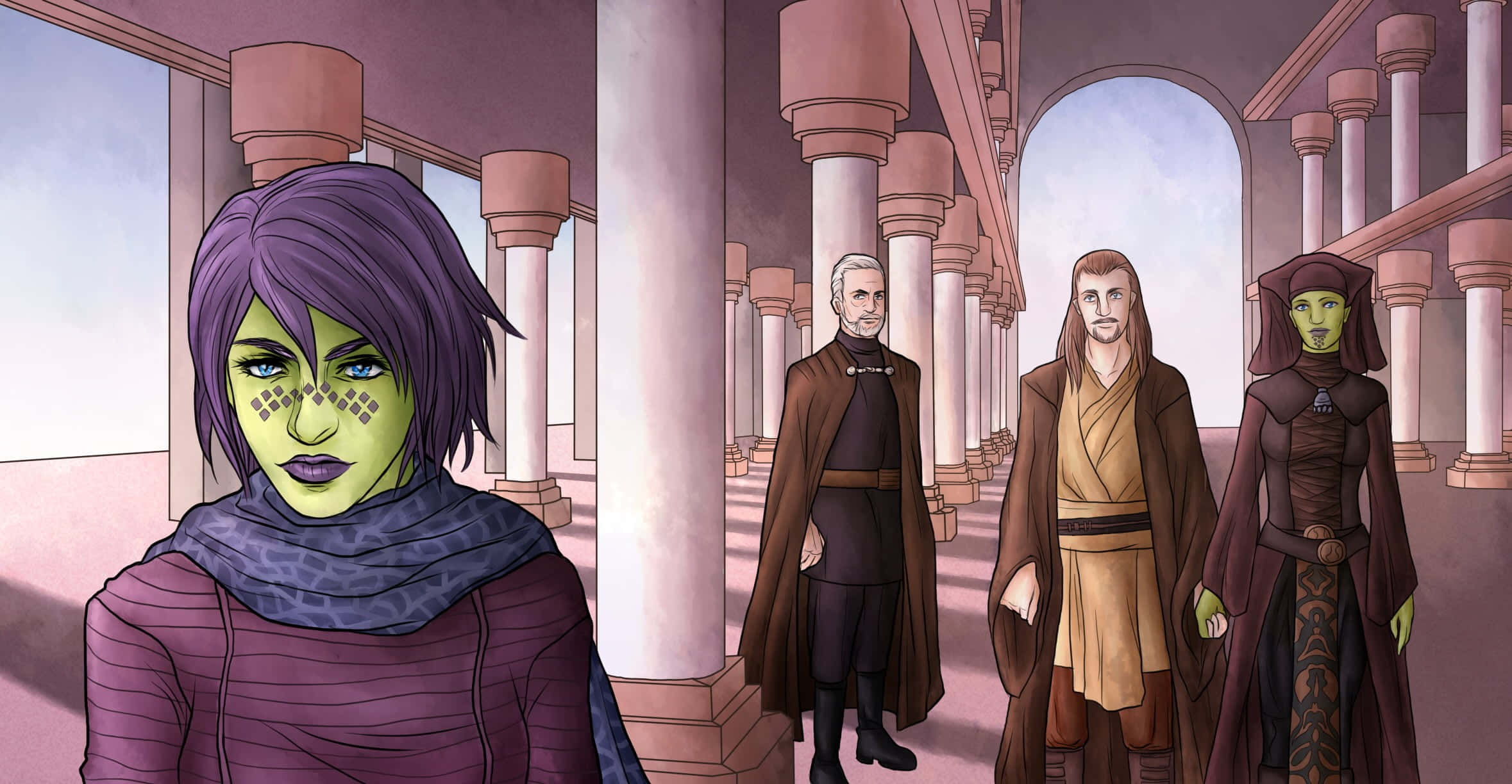 Qui-gon Jinn 桌布 壁紙 — 四個身穿長袍的外星角色走過一個宏偉的柱廊大廳，色調柔和，帶有紫色和米色。