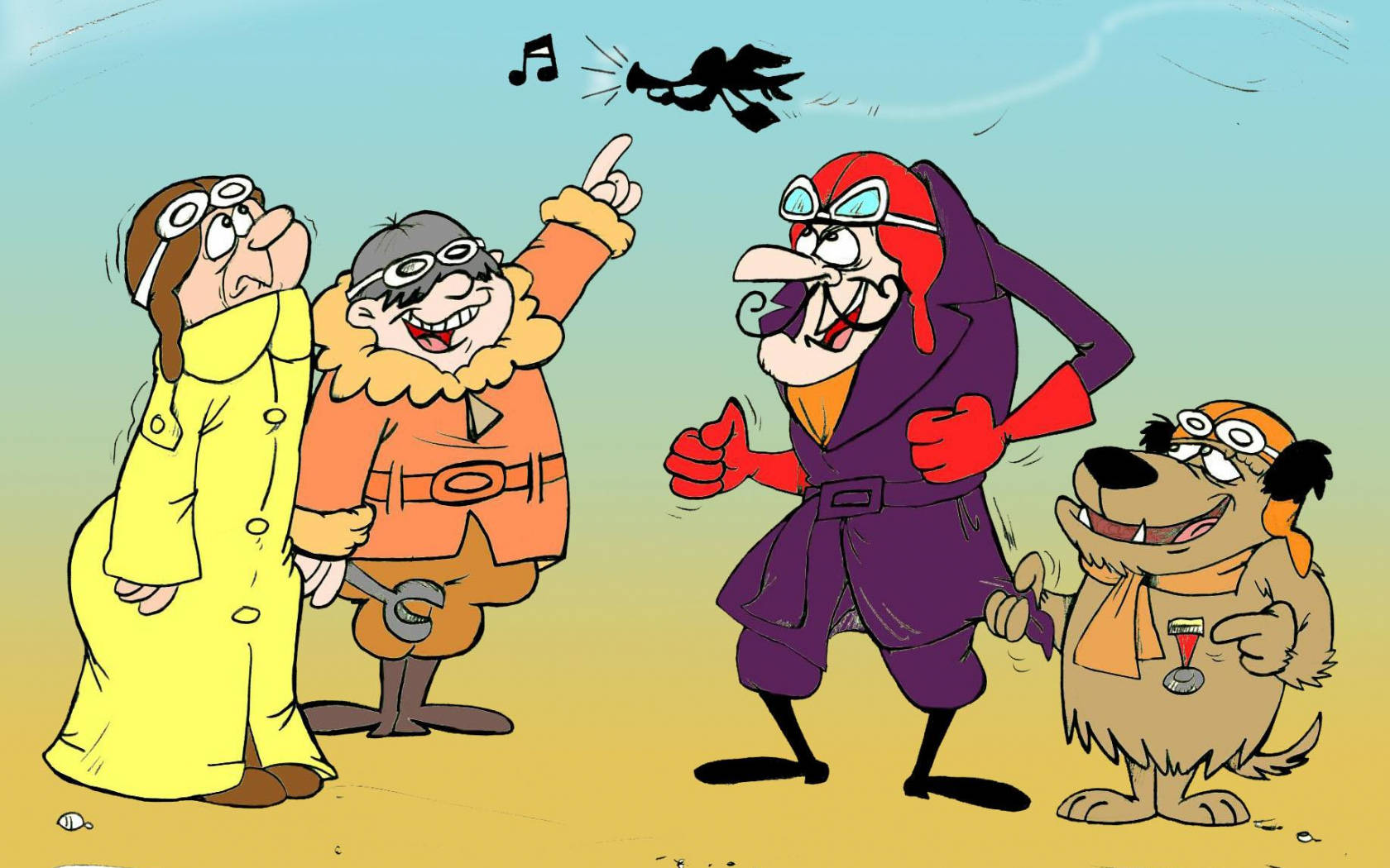Cartoon 桌布 壁紙 — 四個身穿飛行裝備的卡通角色在沙灘上愉快地擺姿勢，一隻小鳥帶著音符從頭頂飛過。