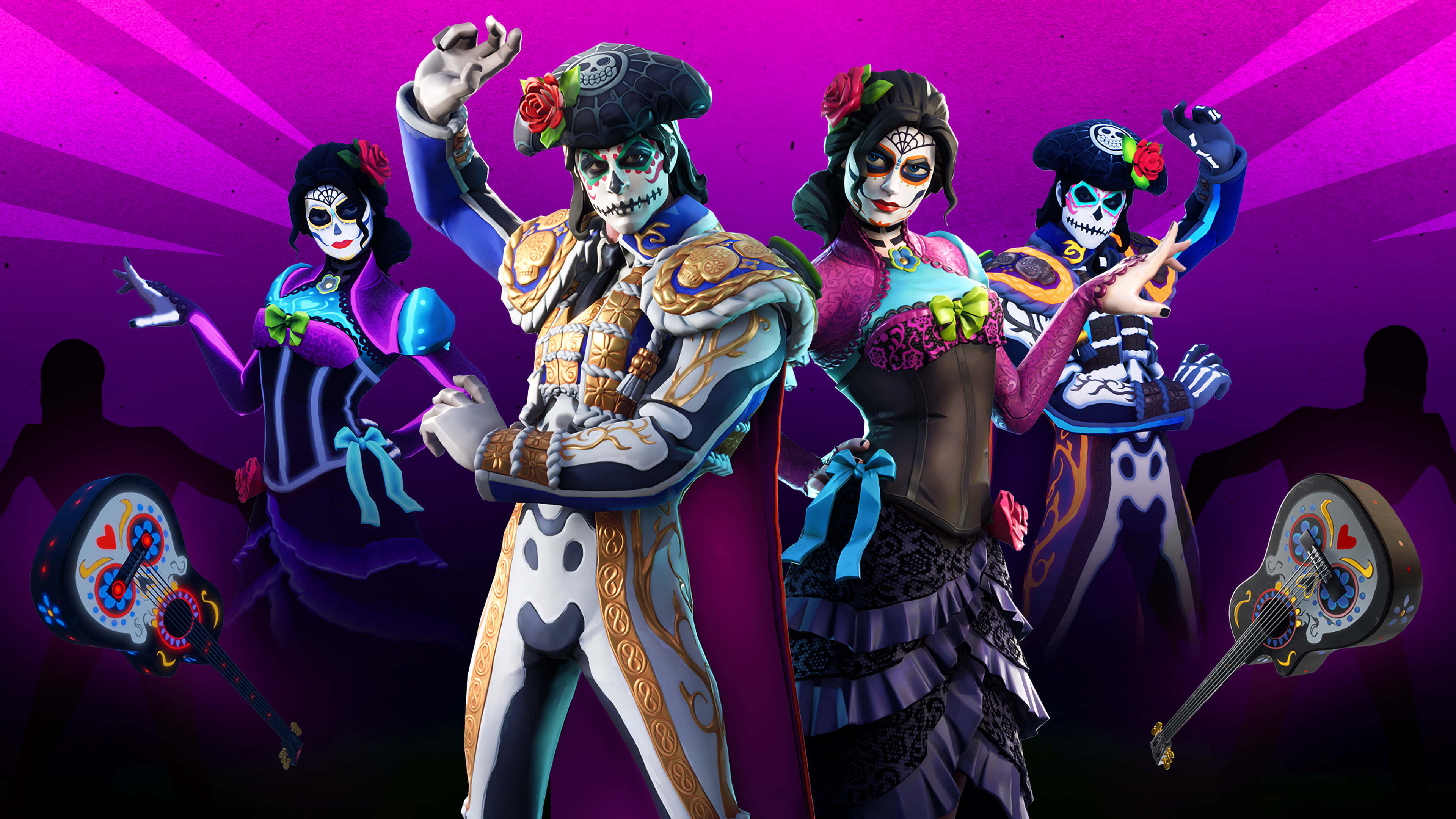 Fortnite Manic Skin 桌布 壁紙 — 四個身穿鮮豔服裝的亡靈節角色，手持華麗吉他，在耀眼的紫色背景前跳舞。