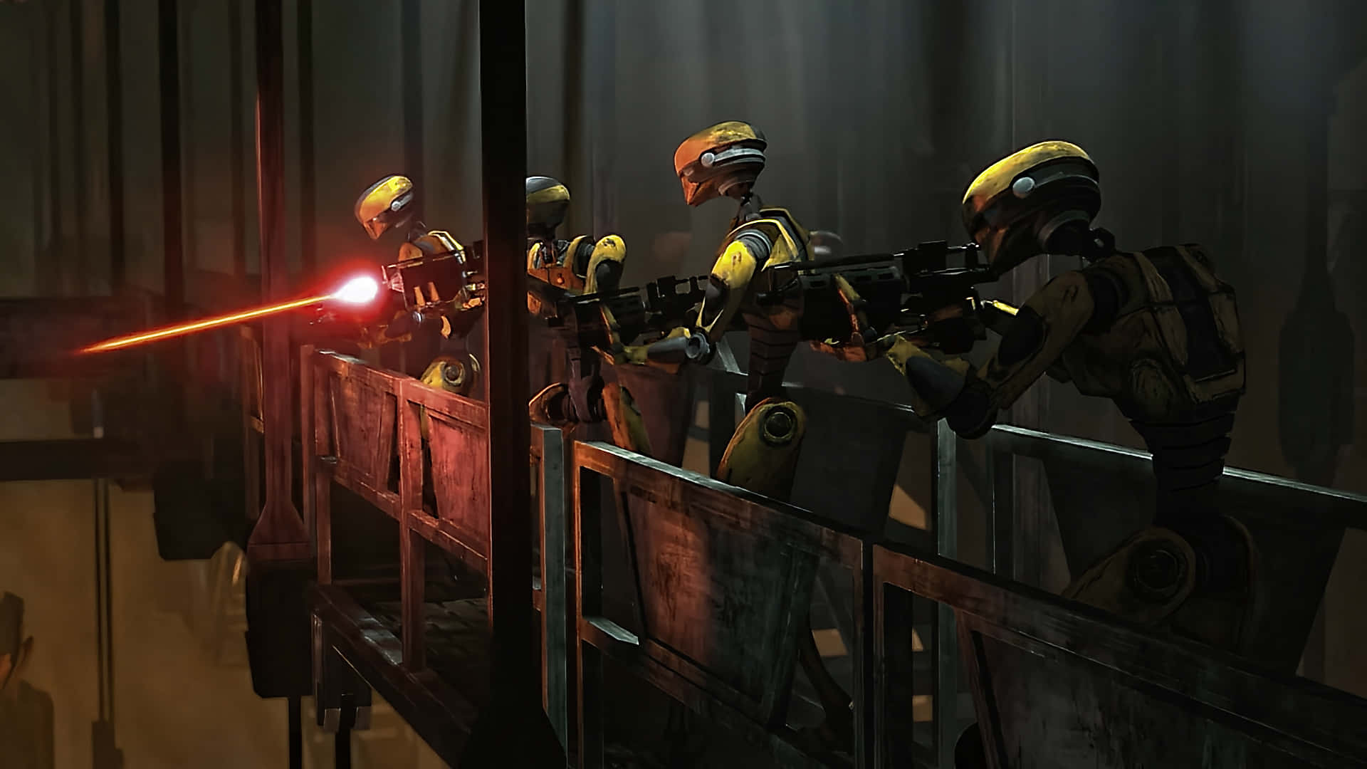 Galactic Empire 桌布 壁紙 — 四個身穿黃色頭盔的裝甲士兵在昏暗的工業環境中，從木製平台上發射發光的紅色雷射步槍。