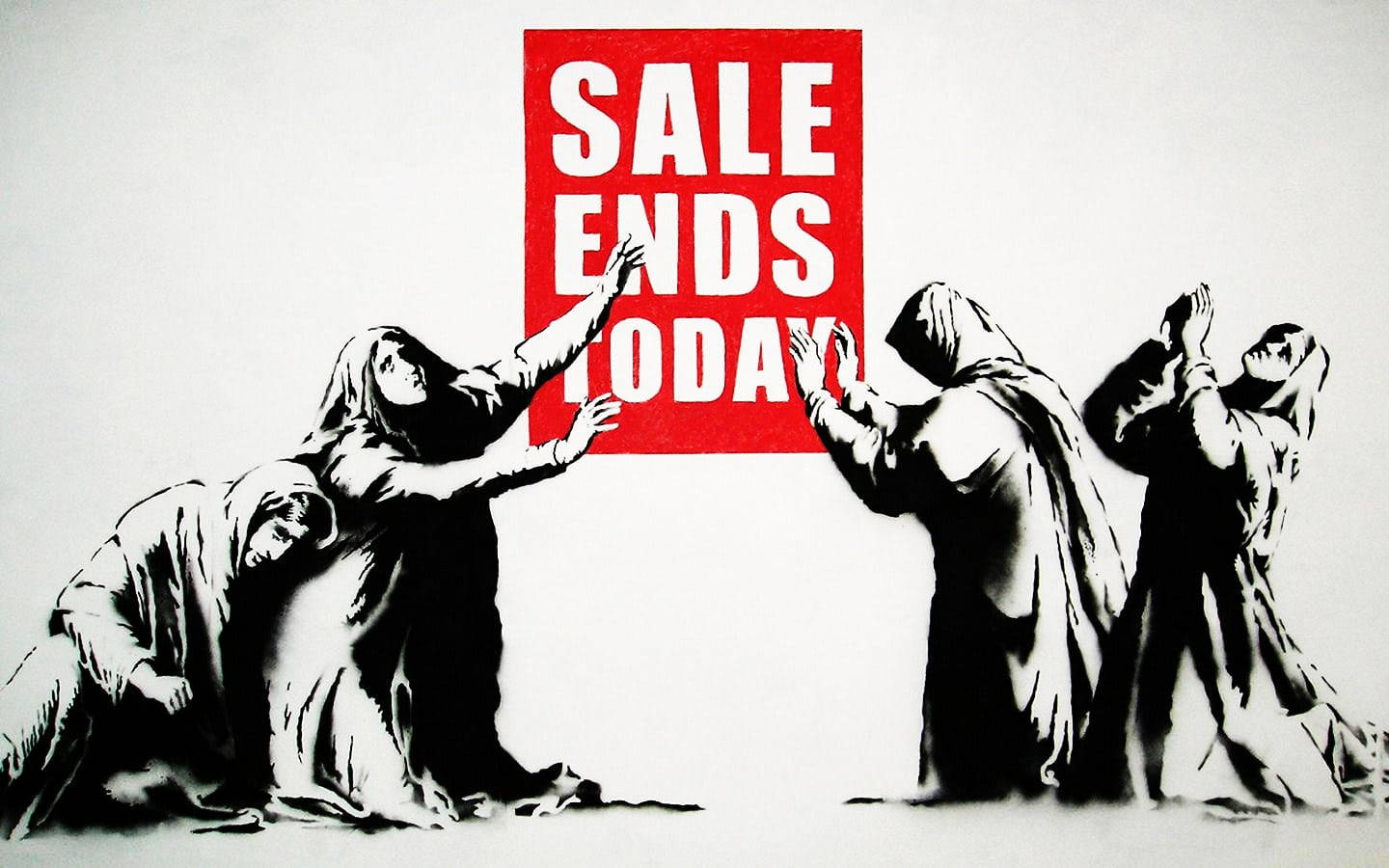 Sales 桌布 壁紙 — 四個身穿黑白連帽衫的人物絕望地伸手朝向一個粗體紅色的「SALE ENDS TODAY」標誌。