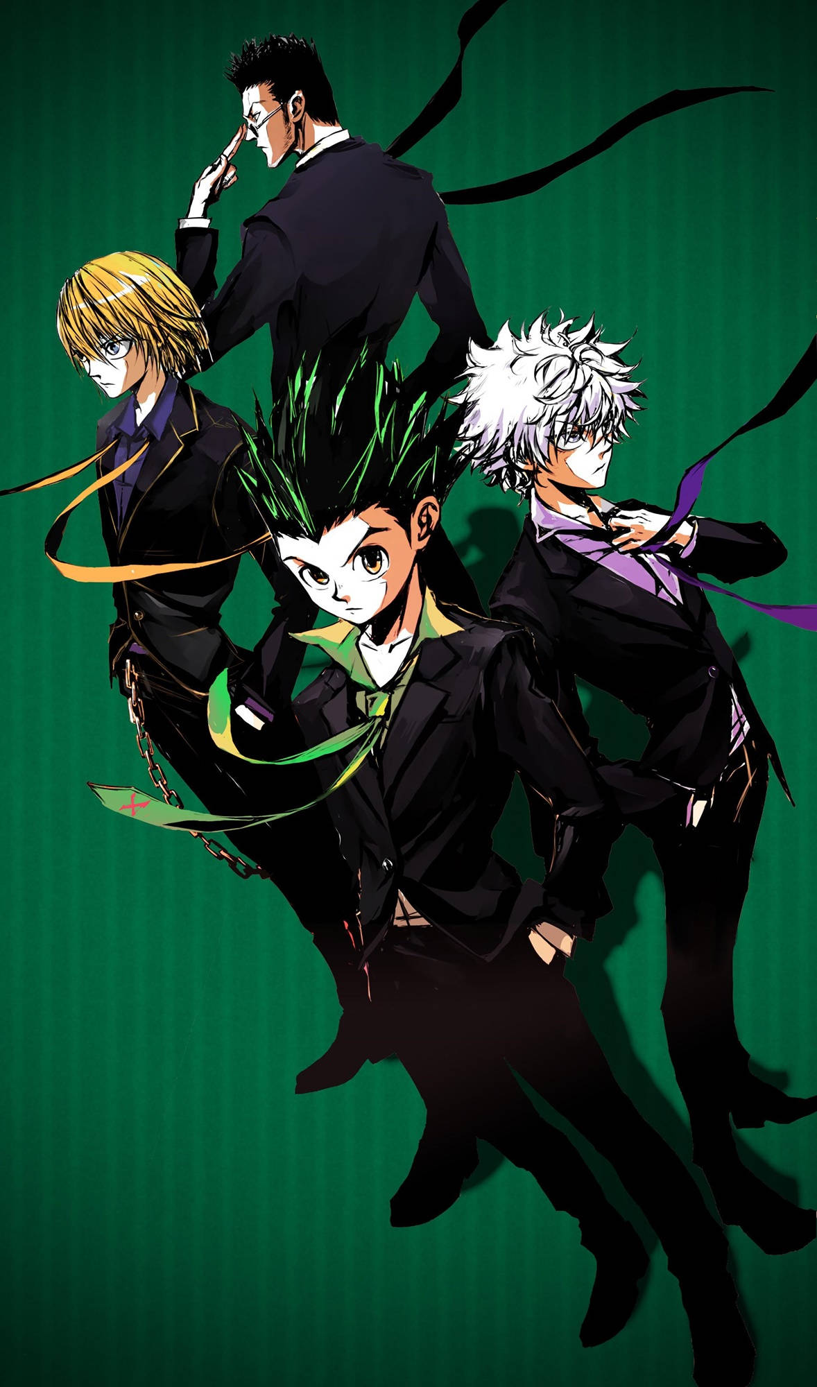 Hunter X Hunter 4K 桌布 壁紙 — 四個身穿黑色西裝的動漫角色在充滿活力的綠色背景上，配合飄逸的絲帶動態擺姿勢。