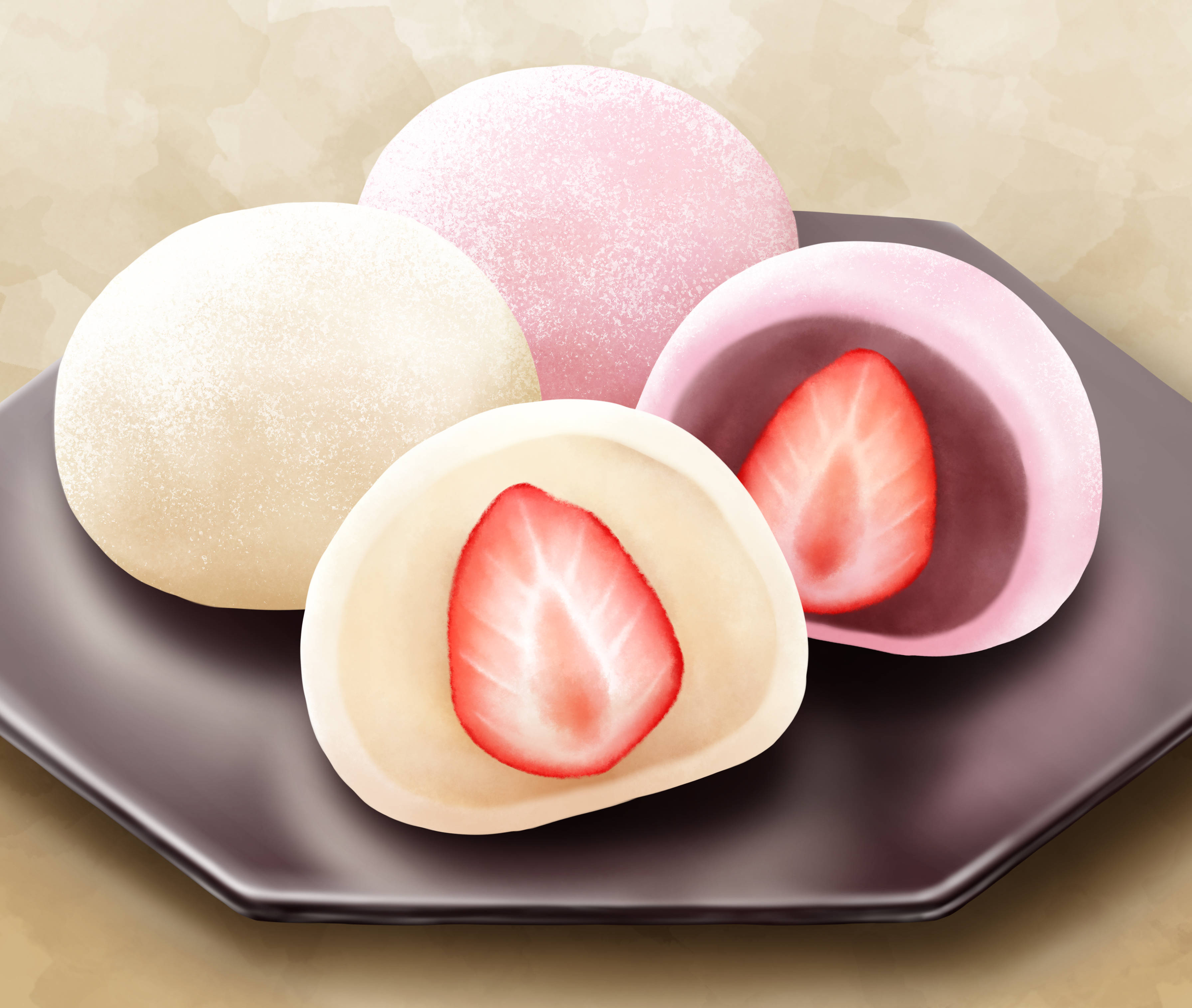 Mochi 桌布 壁紙 — 四個軟糯的麻糬糰子撒上粉末，兩個切開露出多汁的紅色草莓內餡，放在深色盤子上。
