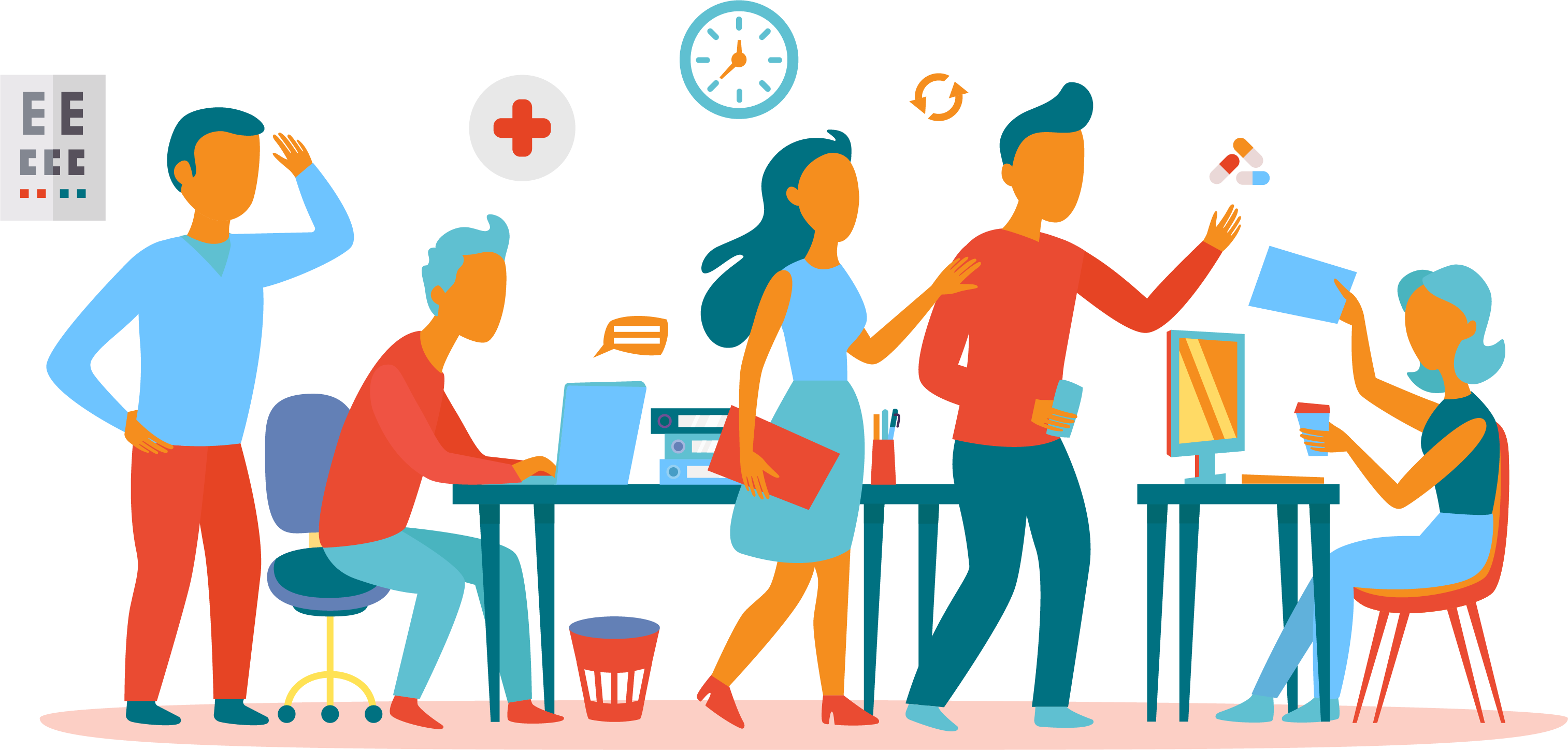 Teamwork 桌布 壁紙 — 四個辦公室員工在辦公桌旁協作，桌上放有筆記型電腦、時鐘和醫療圖標漂浮在上方的平面向量插圖。