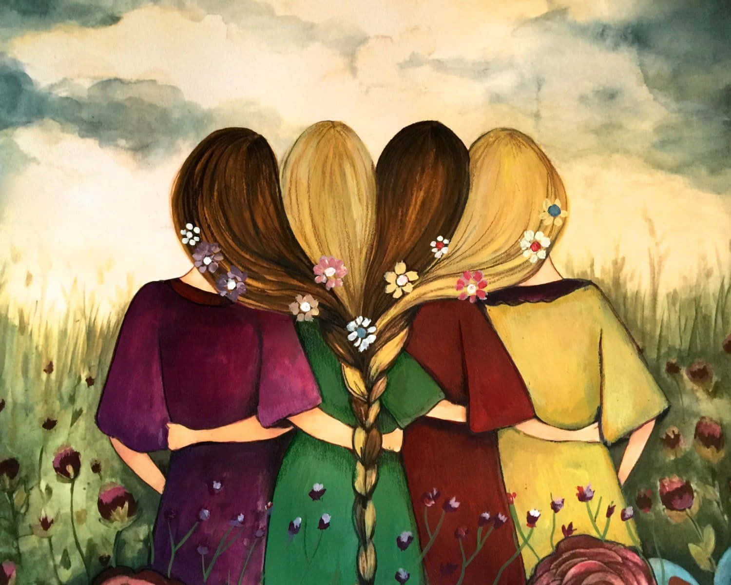 Friends 桌布 壁紙 — 四個辮子頭髮上飾有花朵的女孩在陰天下的田野中背靠背站立。