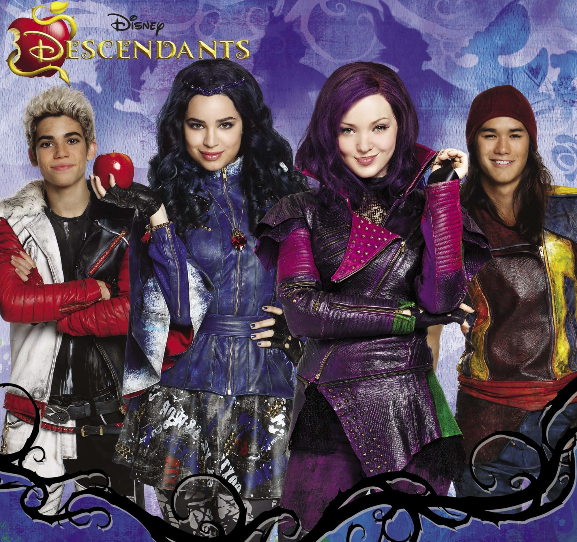 Descendants 桌布 壁紙 — 四個迪士尼《星光繼承者》角色以時尚皮革造型自信地擺姿勢，背景是旋轉的紫色和藍色魔法效果。