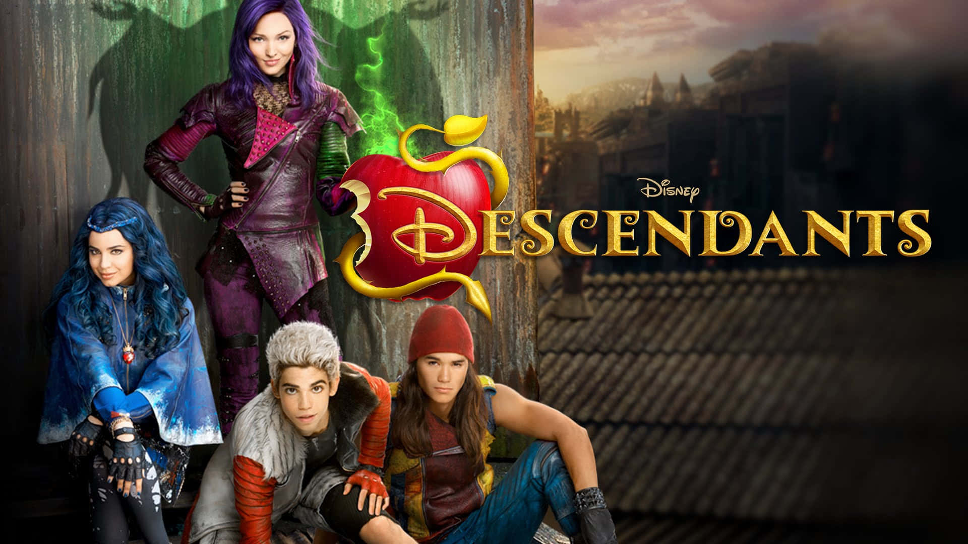 Descendants 桌布 壁紙 — 四個迪士尼《星光繼承者》角色在神秘城堡背景下戲劇性地擺姿勢，並帶有發光的蘋果標誌。