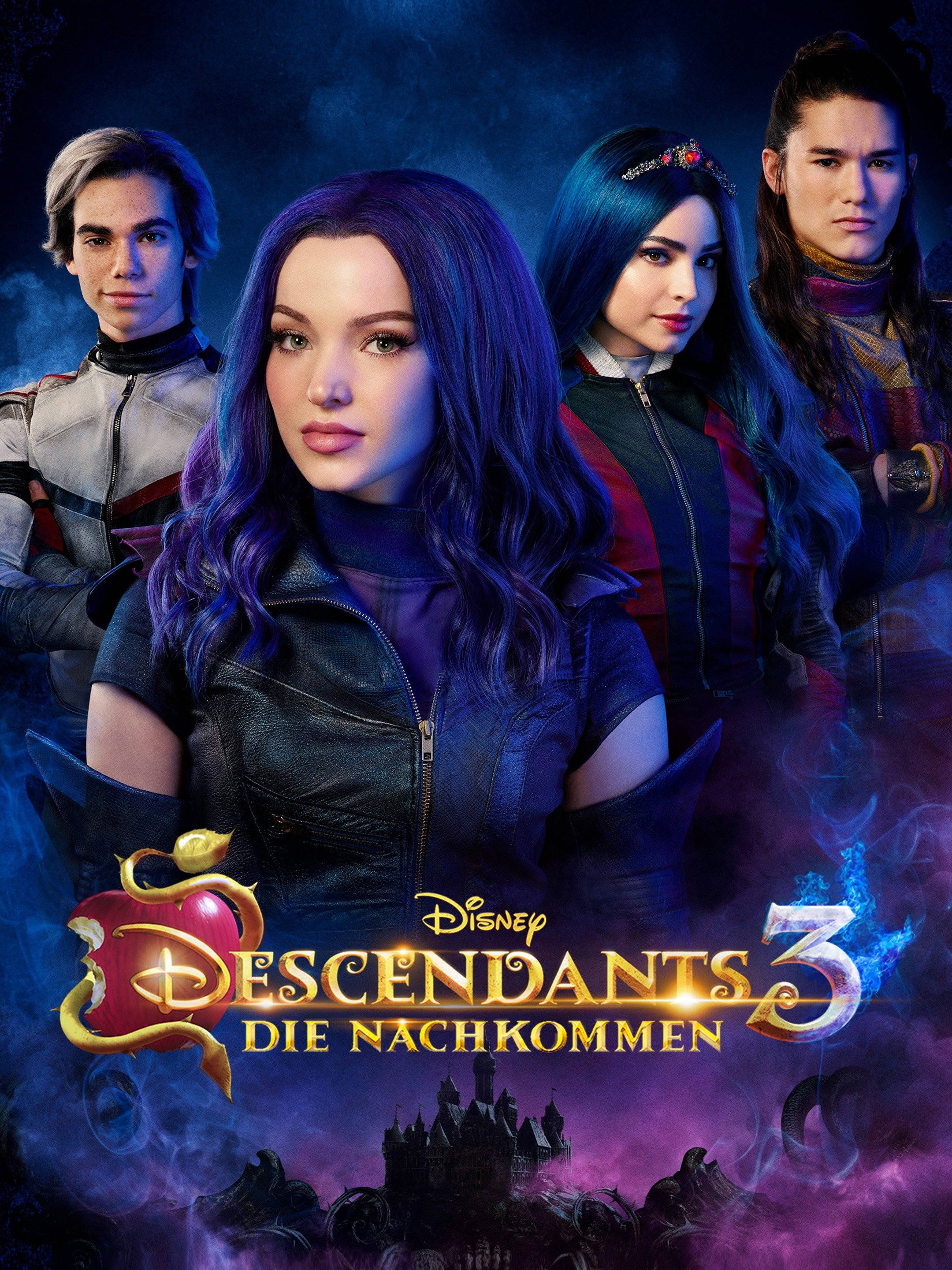 Descendants 桌布 壁紙 — 四個迪士尼星光繼承者3角色站在黑暗魔法城堡背景下，伴隨著旋轉的紫色煙霧和發光的標題。
