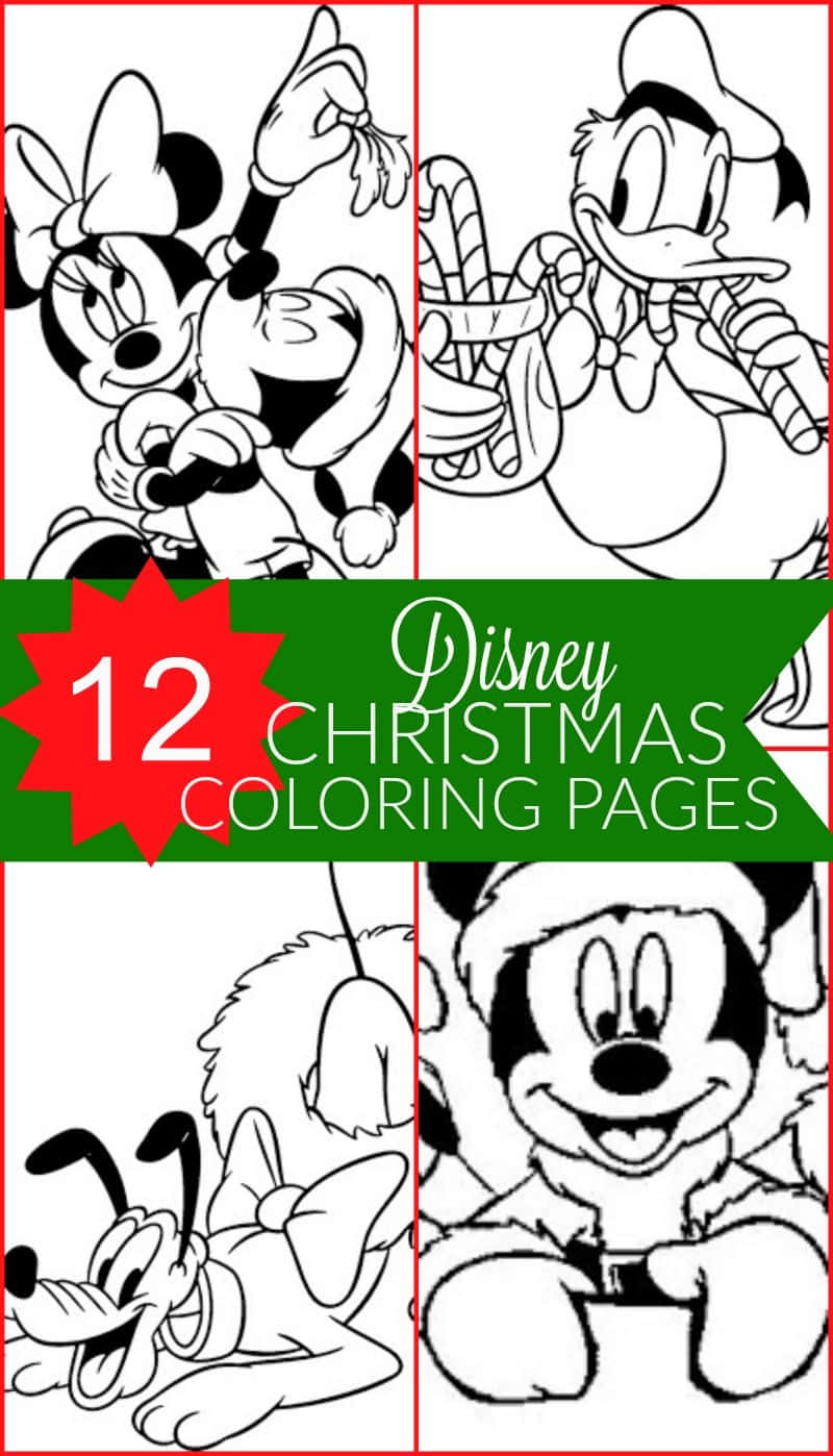 Christmas Coloring 桌布 壁紙 — 四個迪士尼角色在黑白著色頁上擺出節日假期姿勢，配有紅色星星和綠色橫幅。