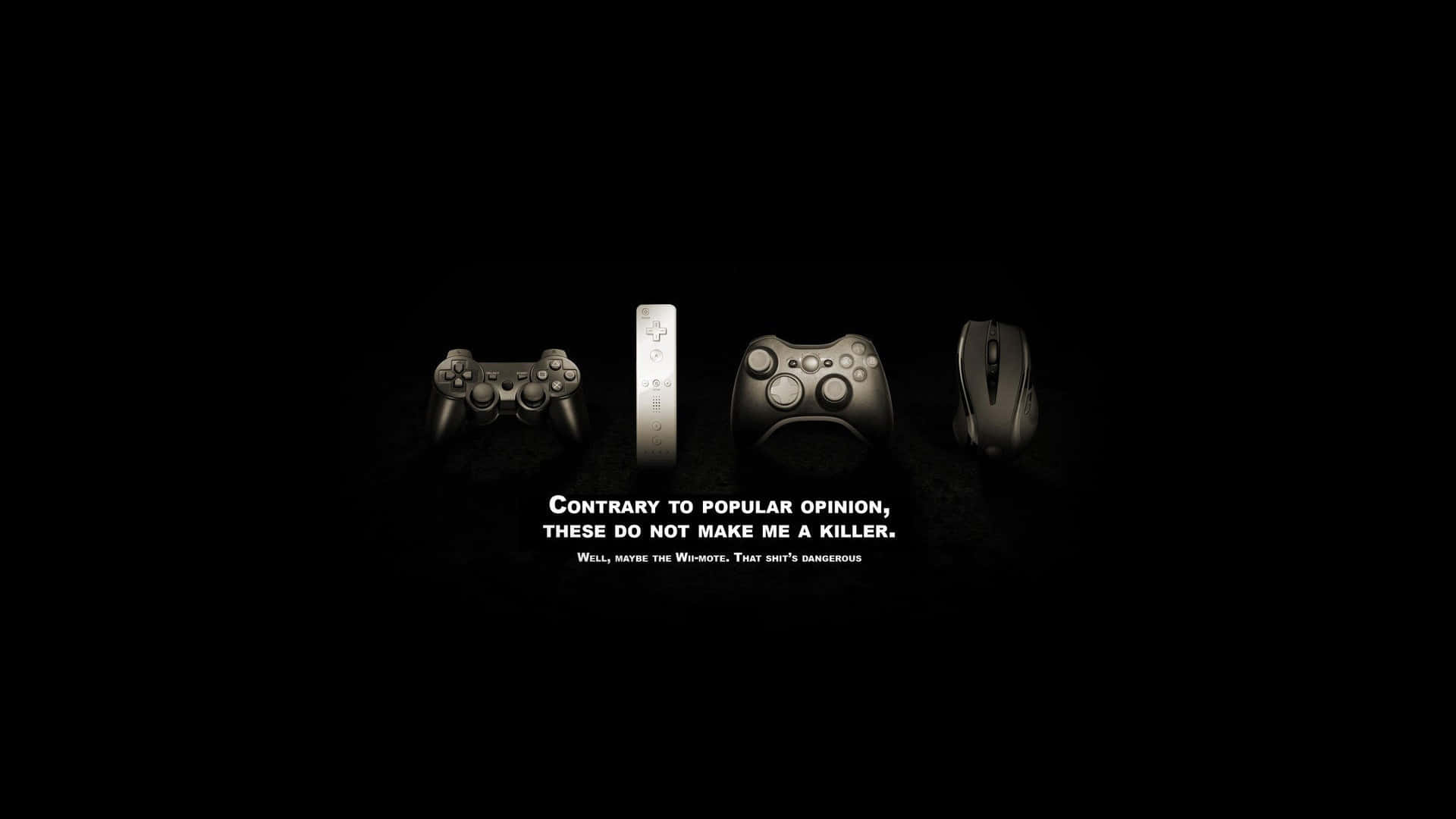 Funny Gaming 桌布 壁紙 — 四個遊戲控制器和一個Wii遙控器站在黑暗虛空中，下方帶有諷刺文字。