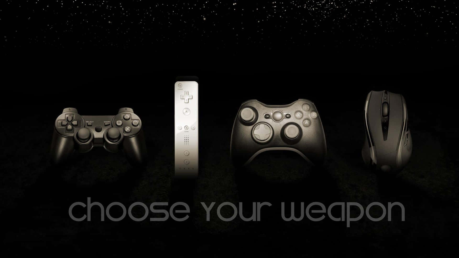 Cool Gaming 桌布 壁紙 — 四個遊戲控制器和一個滑鼠站在黑暗的星空虛空中，下方有發光的文字 choose your weapon。