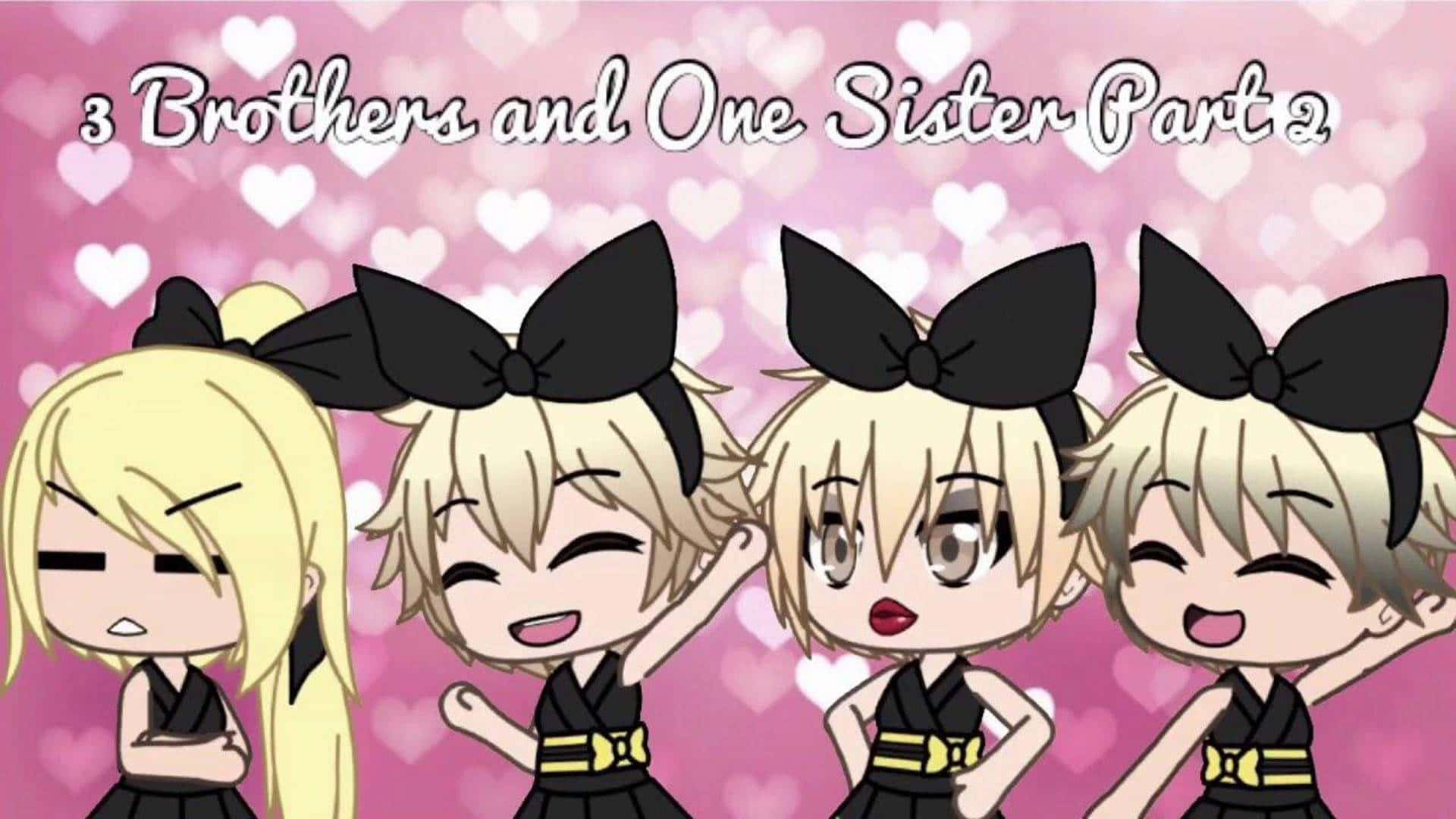 Gacha Life 桌布 壁紙 — 四個金髮黑蝴蝶結的Q版動漫角色在粉紅色心形圖案背景上微笑擺姿勢。