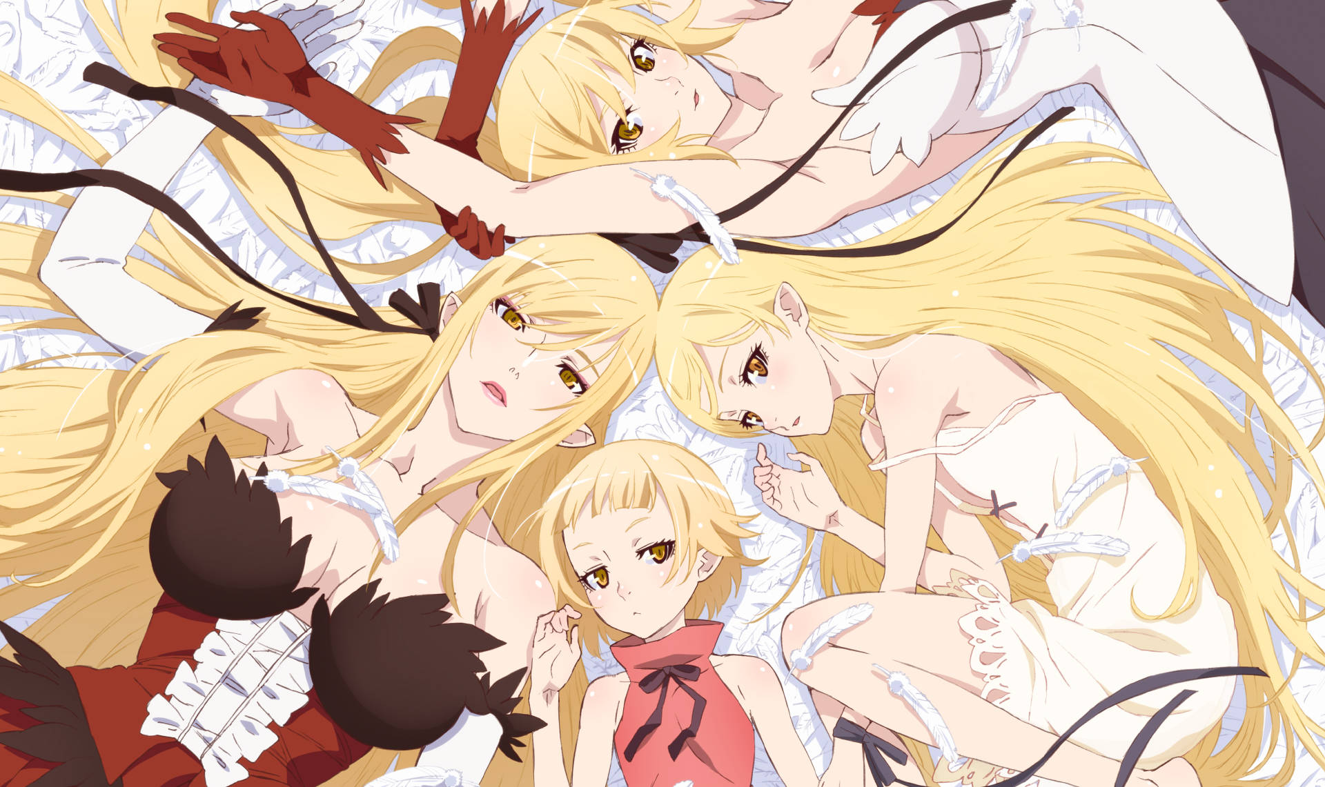 Monogatari 桌布 壁紙 — 四個長金髮的動漫女孩纏繞在柔軟的白色床單床上，向上凝視，表情溫柔。