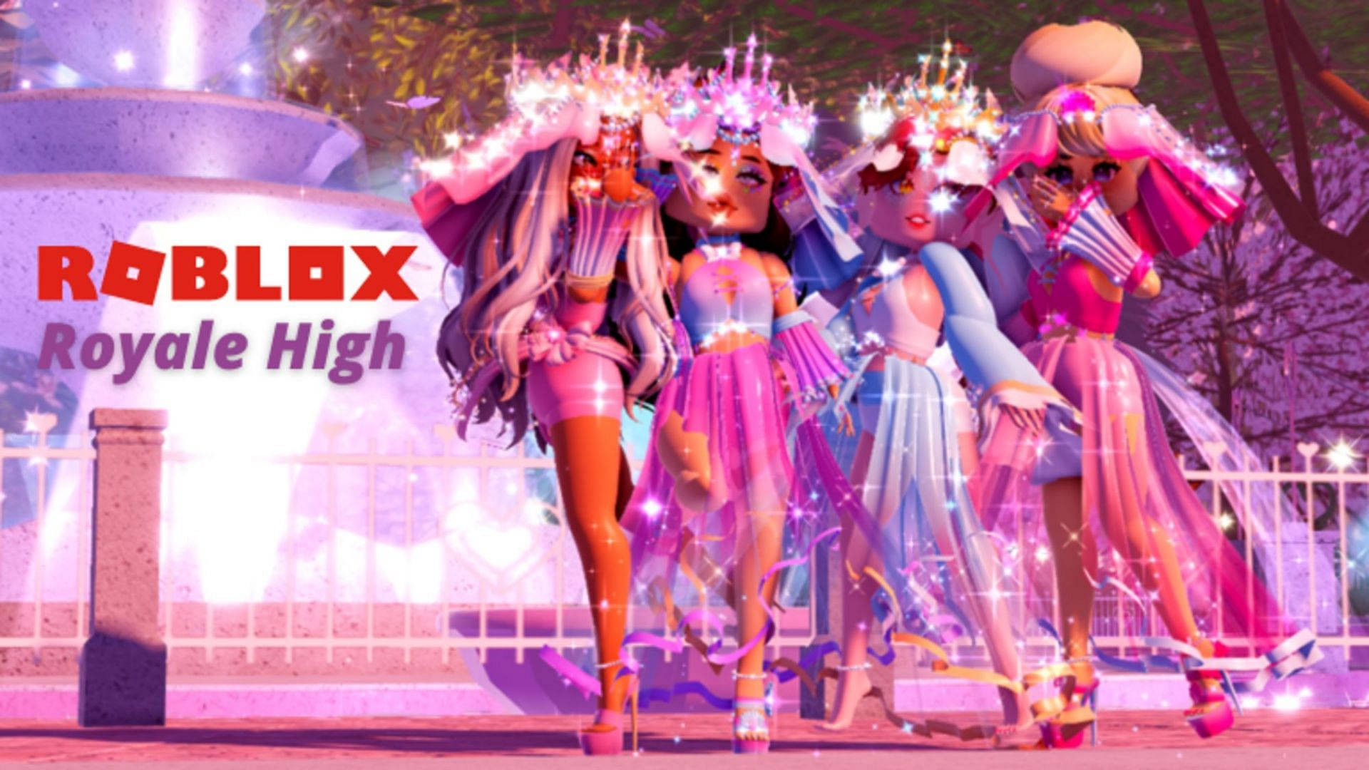 可愛女生 桌布 壁紙 — 四個閃閃發光的 Roblox Royale High 角色，穿著粉紅色和紫色的服裝，在魔法暮色天空下，在發光的噴泉前擺姿勢。