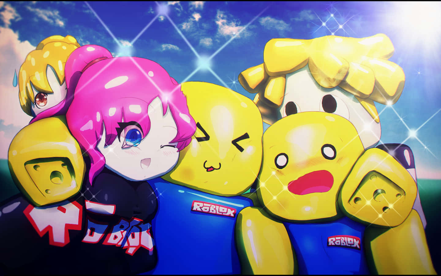 Cute Roblox Noobs 桌布 壁紙 — 四個開心的 Roblox 角色，擁有明亮的頭髮和閃爍的光芒，在晴朗的藍天下快樂地擺姿勢。