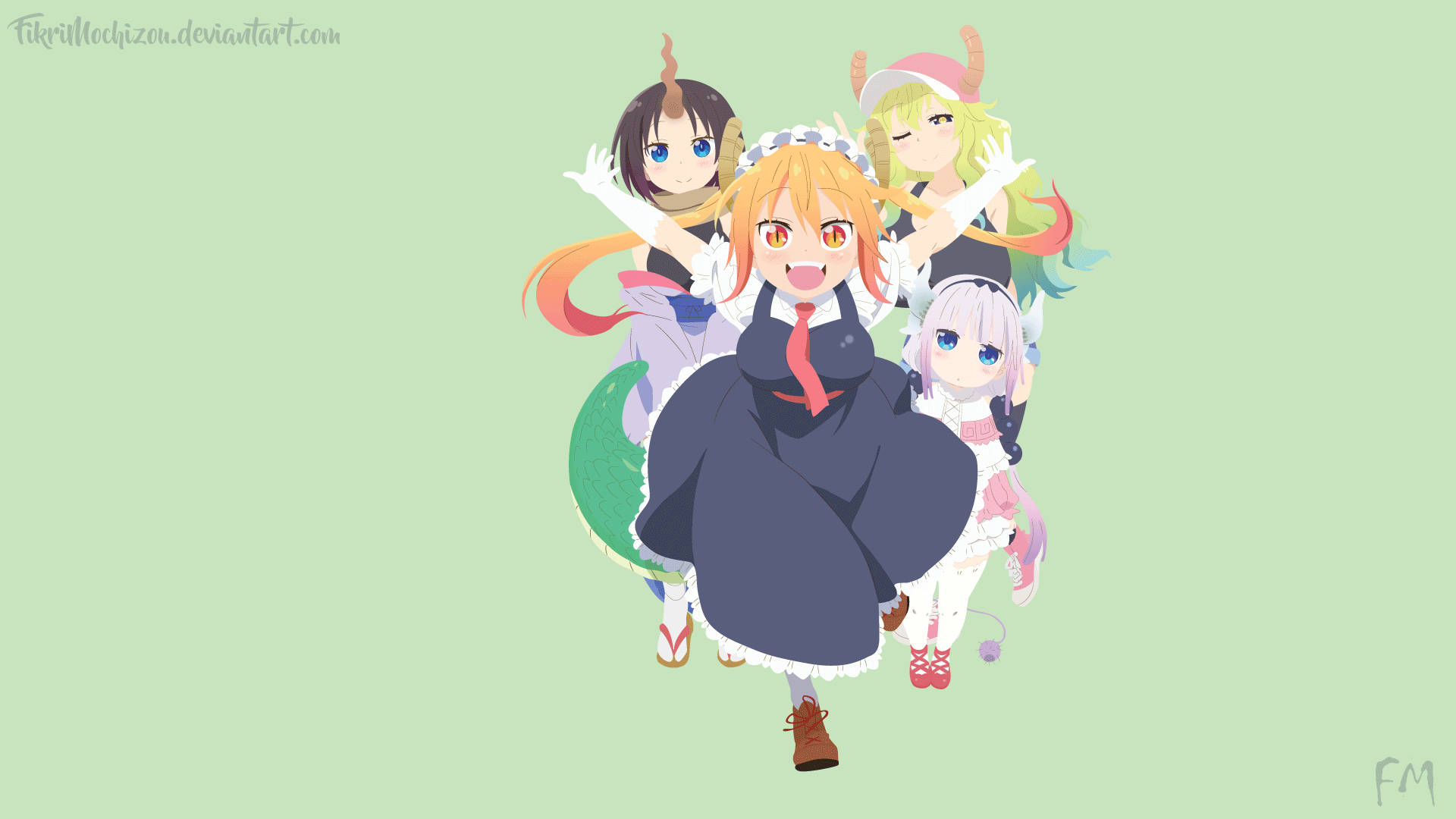 Lucoa 桌布 壁紙 — 四個開心的動漫女孩，有角和彩色頭髮，在柔和的薄荷綠背景前愉快地擺姿勢。