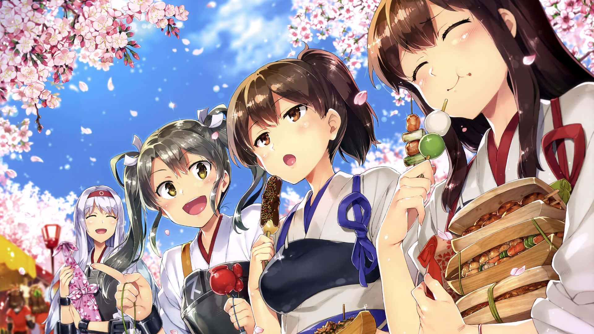 Kantai Collection 桌布 壁紙 — 四個開心的動漫女孩穿著傳統服飾，在飄落粉色花瓣的天空下享受櫻花節的美食。
