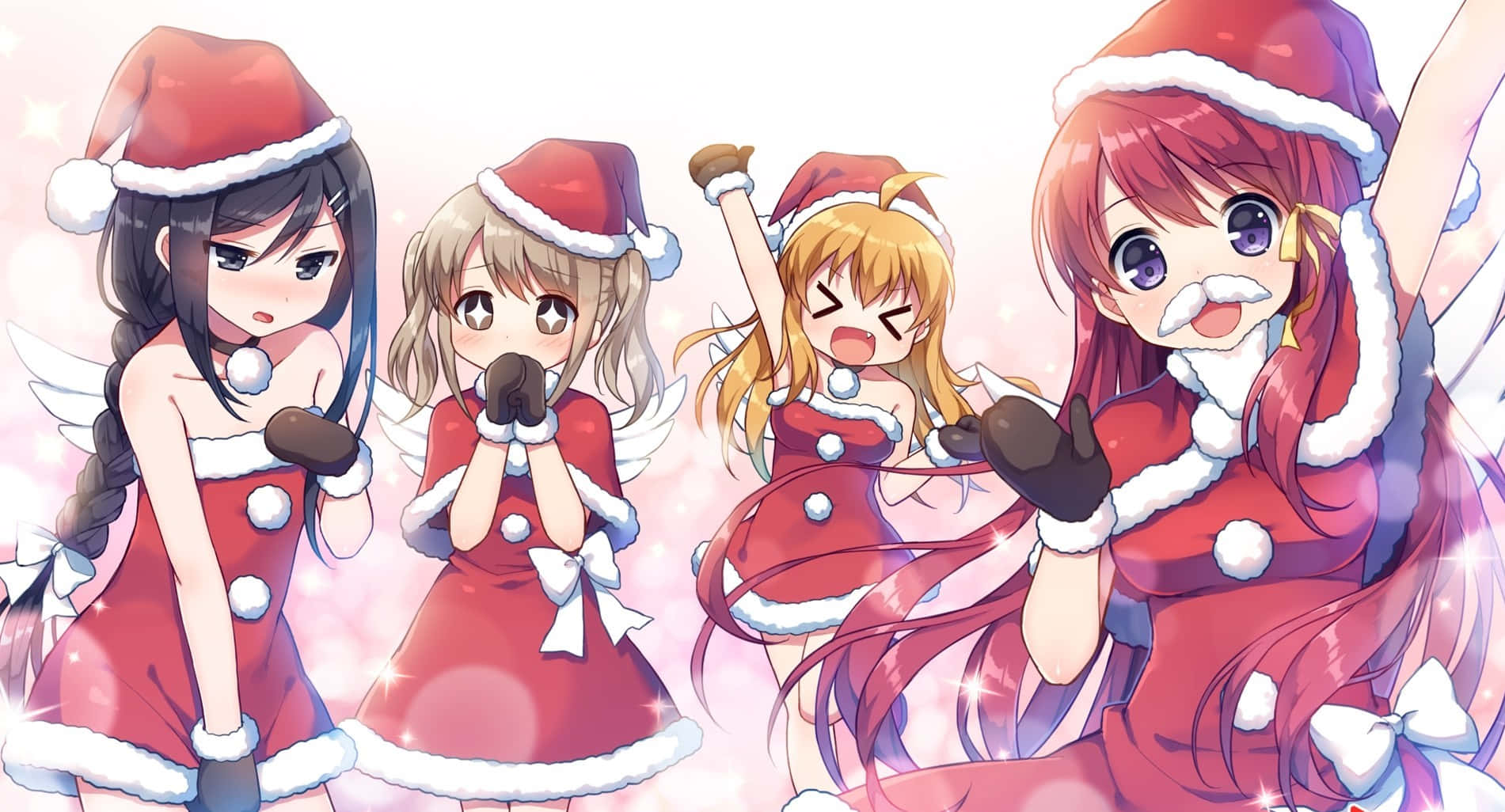 動漫聖誕 桌布 壁紙 — 四個開心的動漫女孩穿著節日紅色聖誕老人服裝，帶有翅膀和閃光，在發光的粉紅色背景前歡樂慶祝。