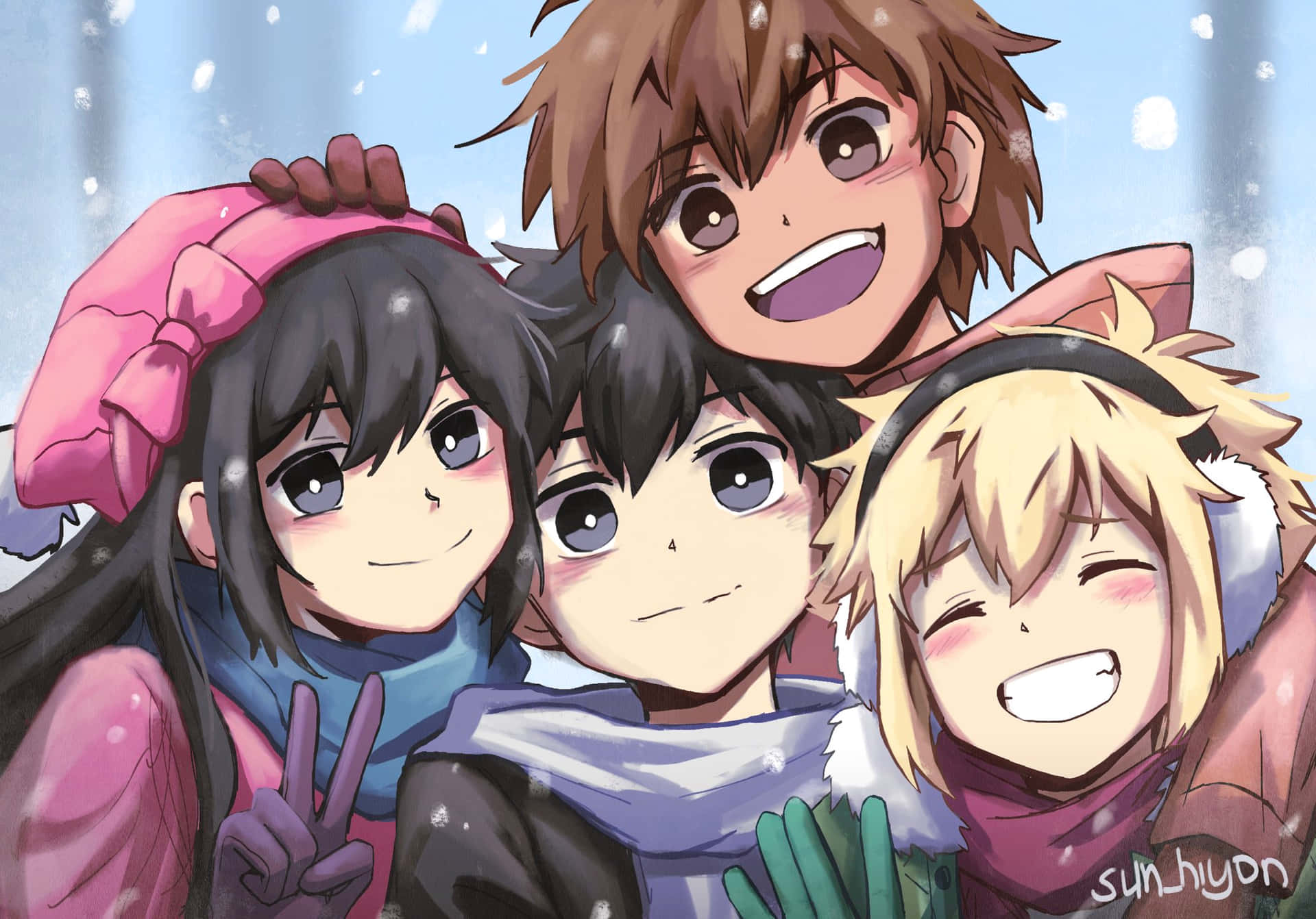 omori 桌布 壁紙 — 四個開心的動漫朋友穿著冬季裝備，在雪花飄落時溫暖地微笑。