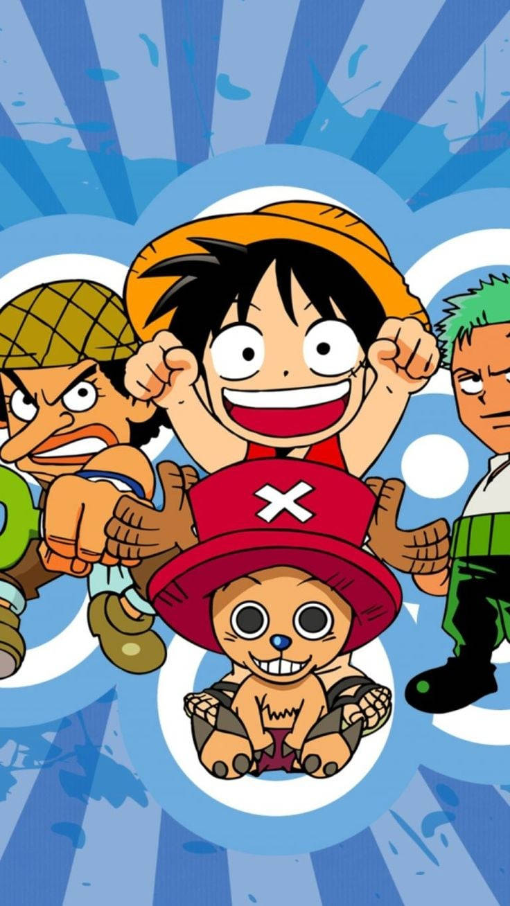 One Piece Anime 桌布 壁紙 — 四個開心的動漫角色，眼睛睜大，拳頭高舉，背景為藍色放射狀。