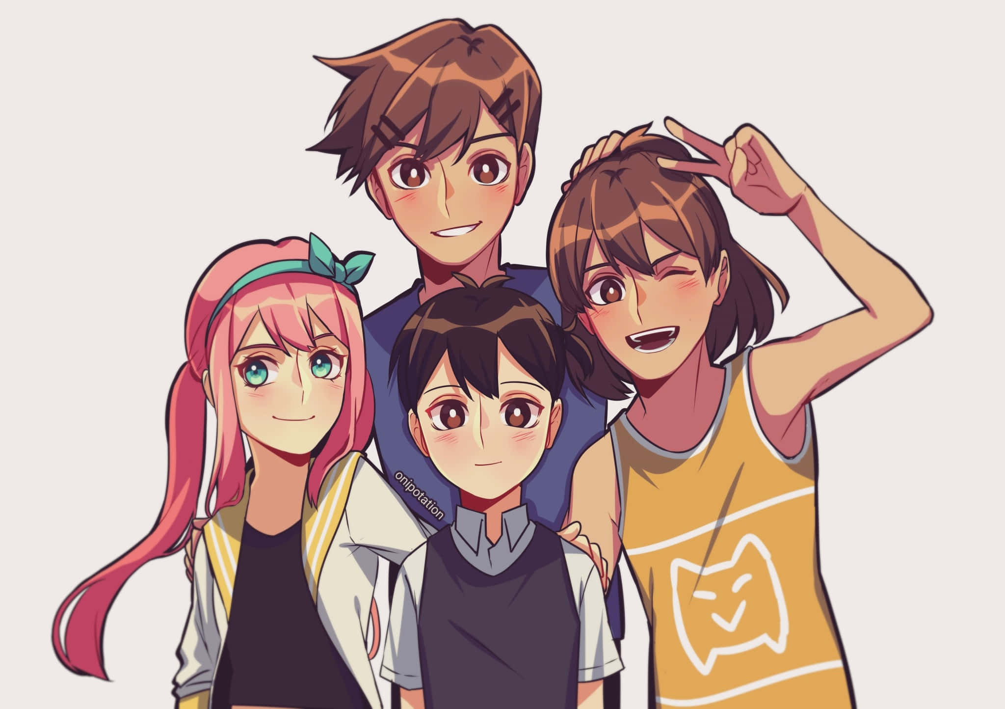omori 桌布 壁紙 — 四個開心的動漫角色一起擺姿勢，表情明亮，服裝色彩繽紛，背景是純色。