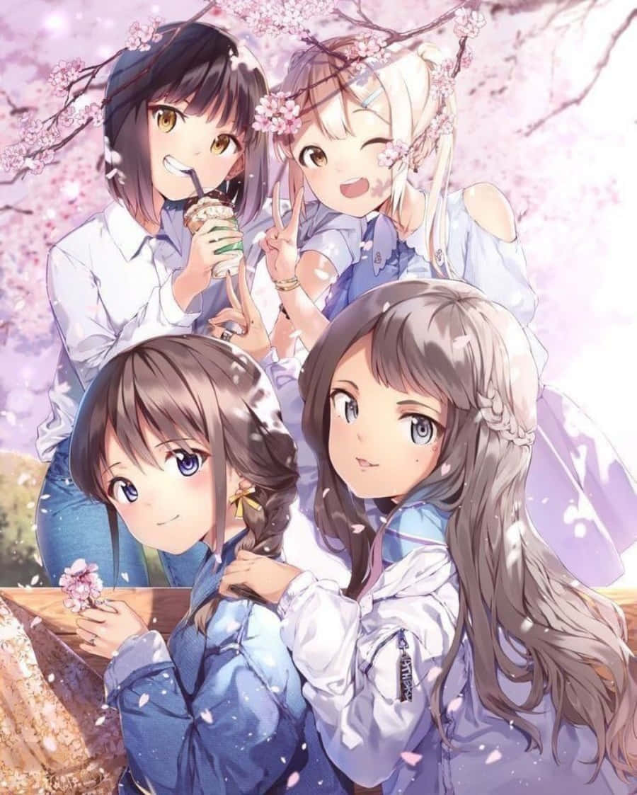 動漫女孩 桌布 壁紙 — 四個開心的動畫女孩在粉紅色的花樹下享受櫻花和飲料。