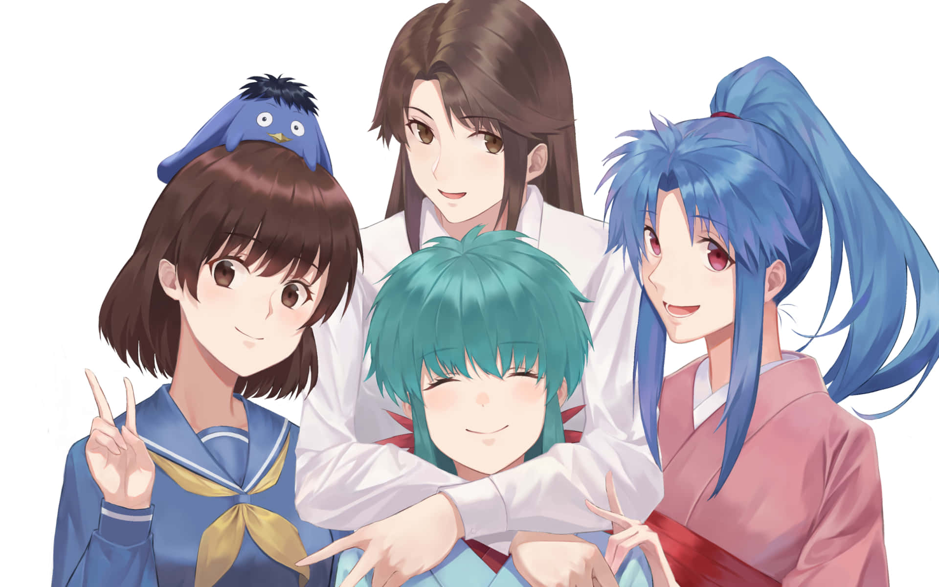 幽遊白書 桌布 壁紙 — 四個開心的動畫女孩穿著學校和傳統服裝，在純白色背景前以俏皮的表情緊密地擺姿勢。