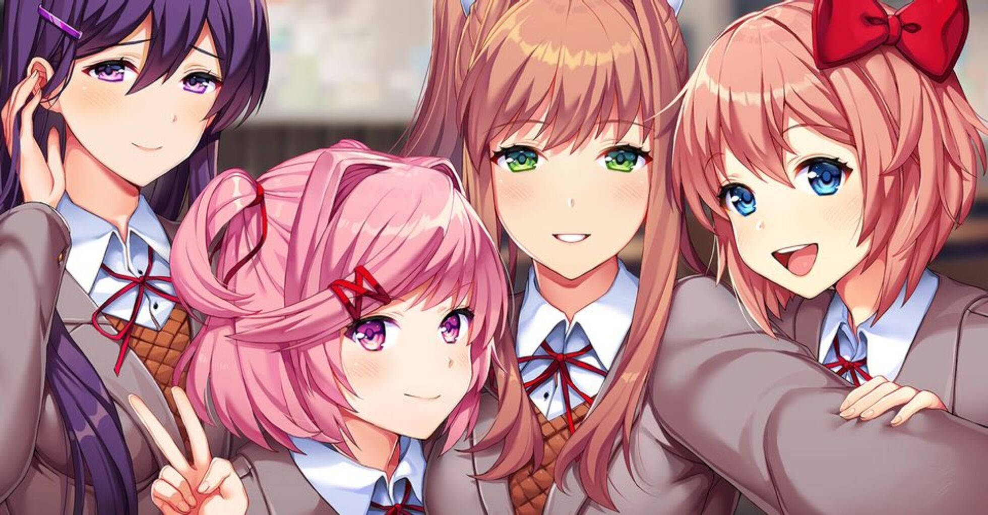 literature 桌布 壁紙 — 四個開心的動畫女孩穿著校服，帶著燦爛的表情和色彩繽紛的頭髮一起擺姿勢。
