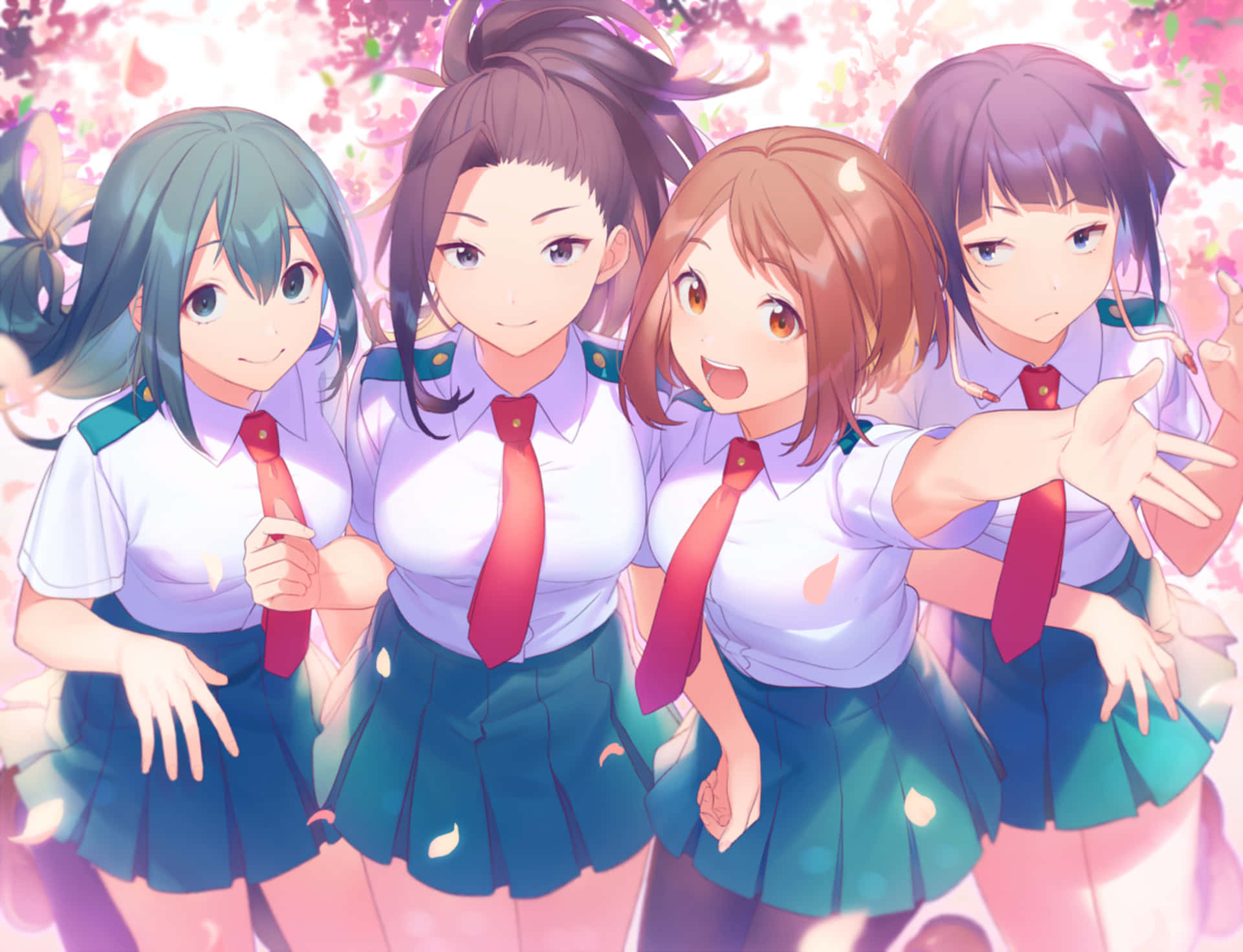 Kyoka Jiro 桌布 壁紙 — 四個開心的動畫女學生穿著校服，在柔和發光的光線下，在粉紅色的櫻花雨中擺姿勢。