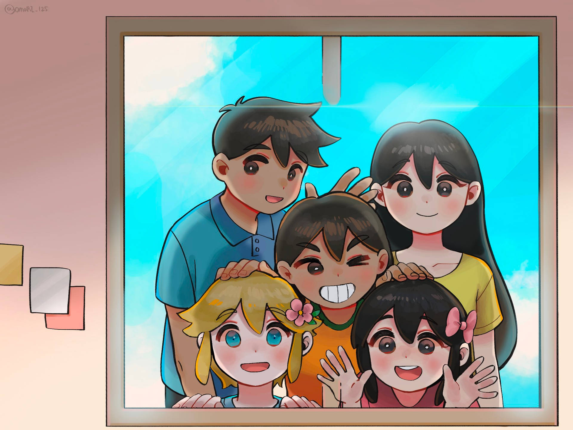 omori 桌布 壁紙 — 四個開心的動畫小孩透過窗框望向藍天白雲。