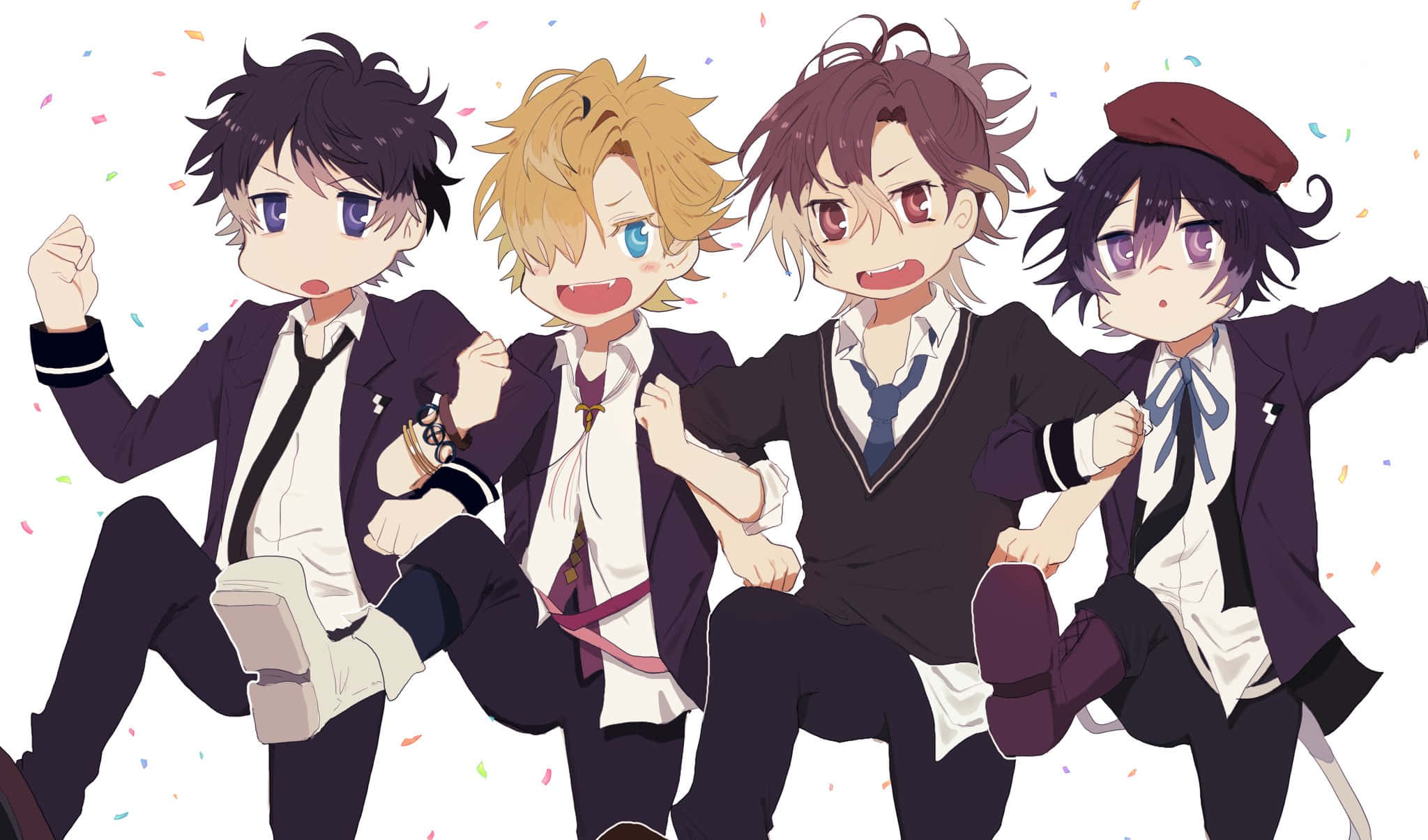 Diabolik Lovers 桌布 壁紙 — 四個開心的動畫男孩穿著校服，在白色背景前充滿活力地擺姿勢，周圍有彩色紙屑。