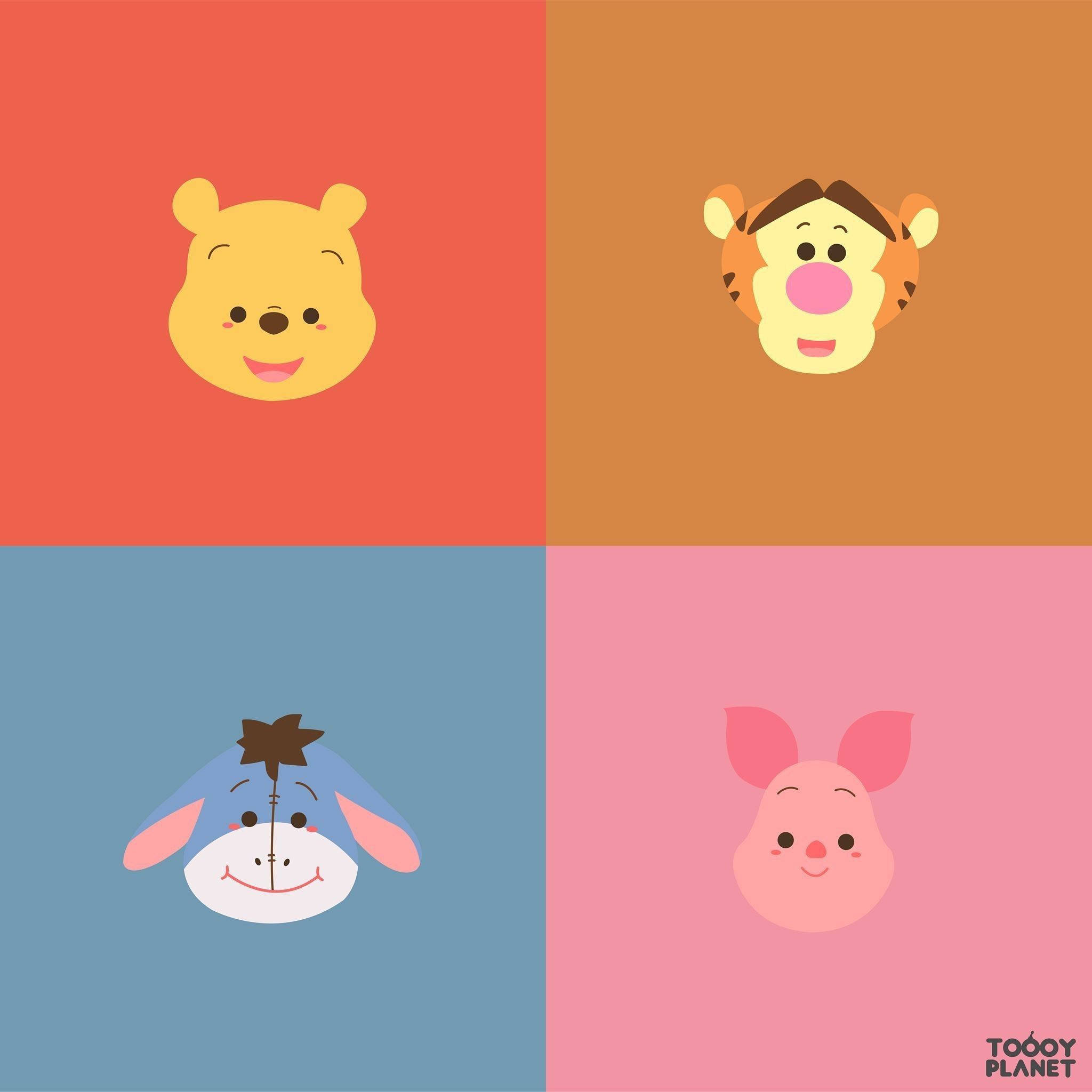 Disney Winnie The Pooh 桌布 壁紙 — 四個開心的卡通動物頭——小熊維尼、跳跳虎、屹耳和小豬——每個在彩色方格中，簡單平面設計。