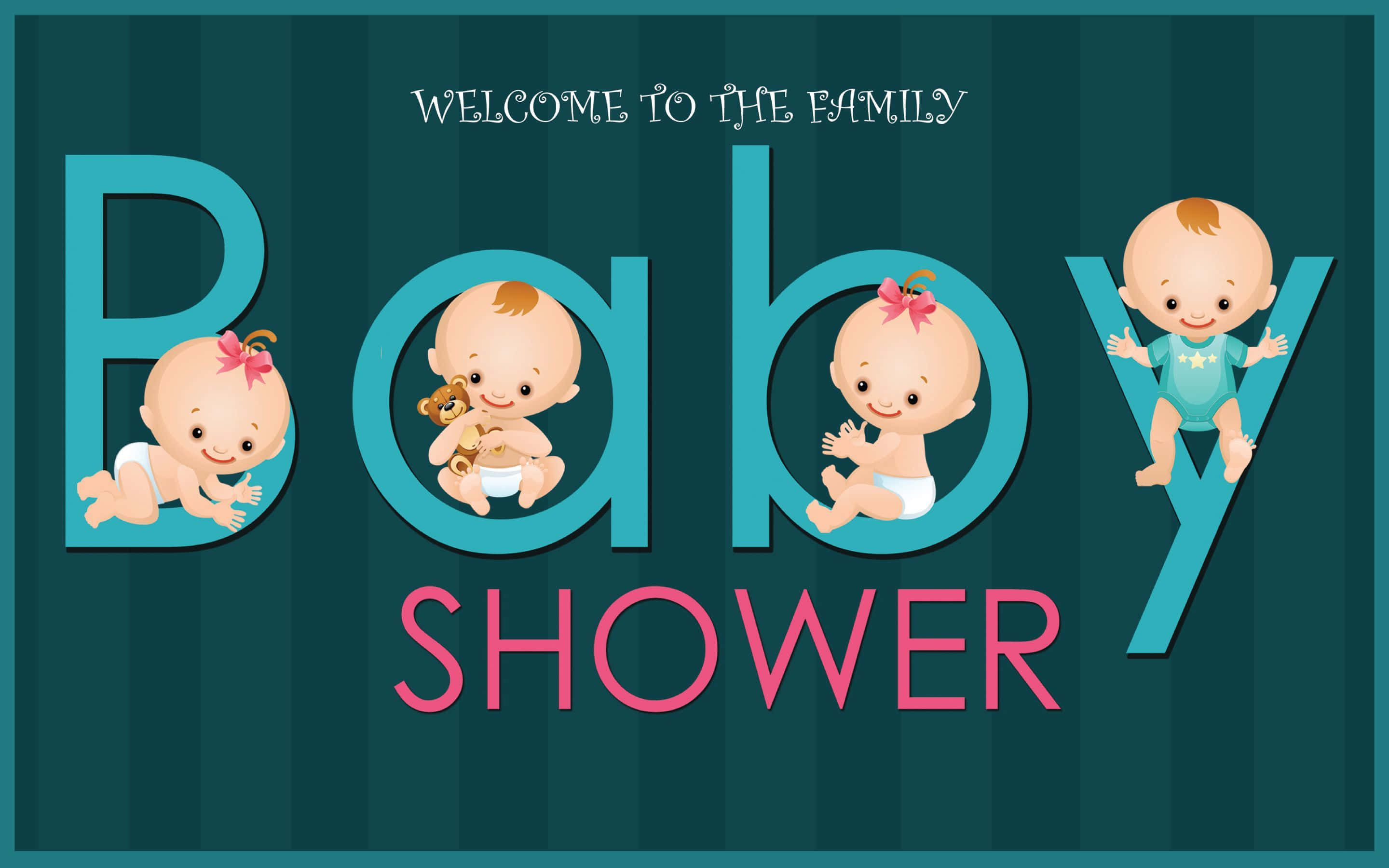 Baby Shower 桌布 壁紙 — 四個開心的卡通寶寶在藍綠色條紋背景上，從拼出「Baby Shower」的藍綠色字母中探出頭來。