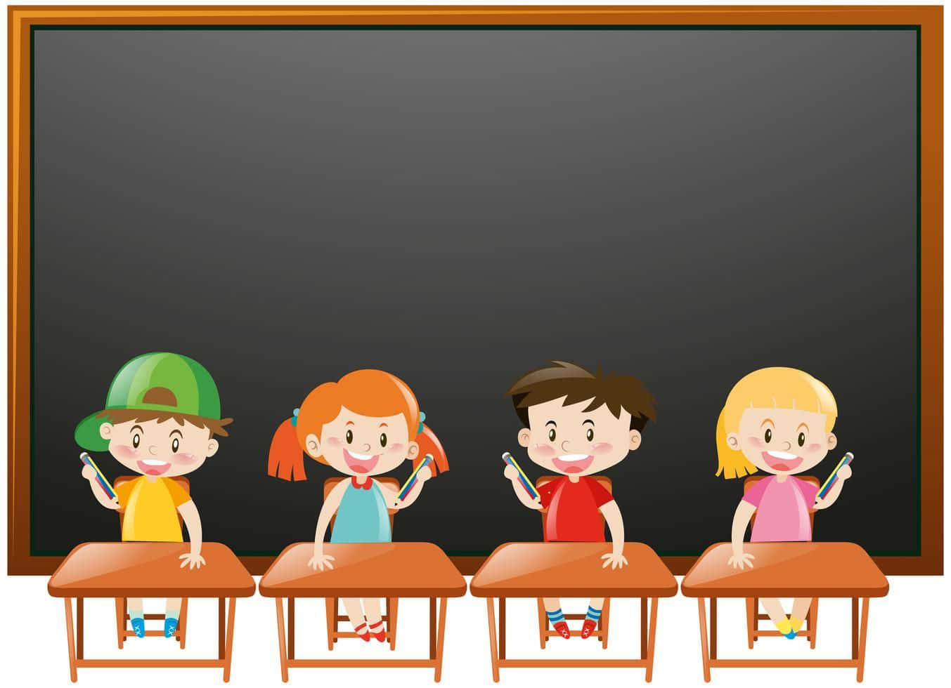 Students 桌布 壁紙 — 四個開心的卡通小孩坐在書桌前，拿著鉛筆，在明亮的教室裡的大黑板前。