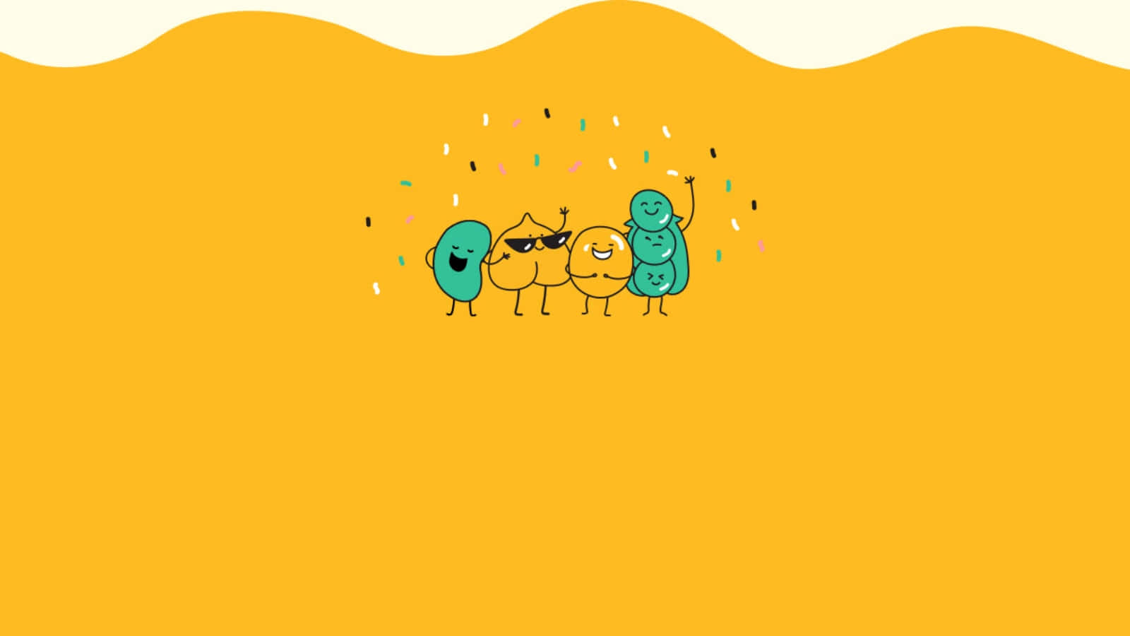 Cartoon Characters 桌布 壁紙 — 四個開心的卡通角色在溫暖的黃色背景下用五彩紙屑慶祝。