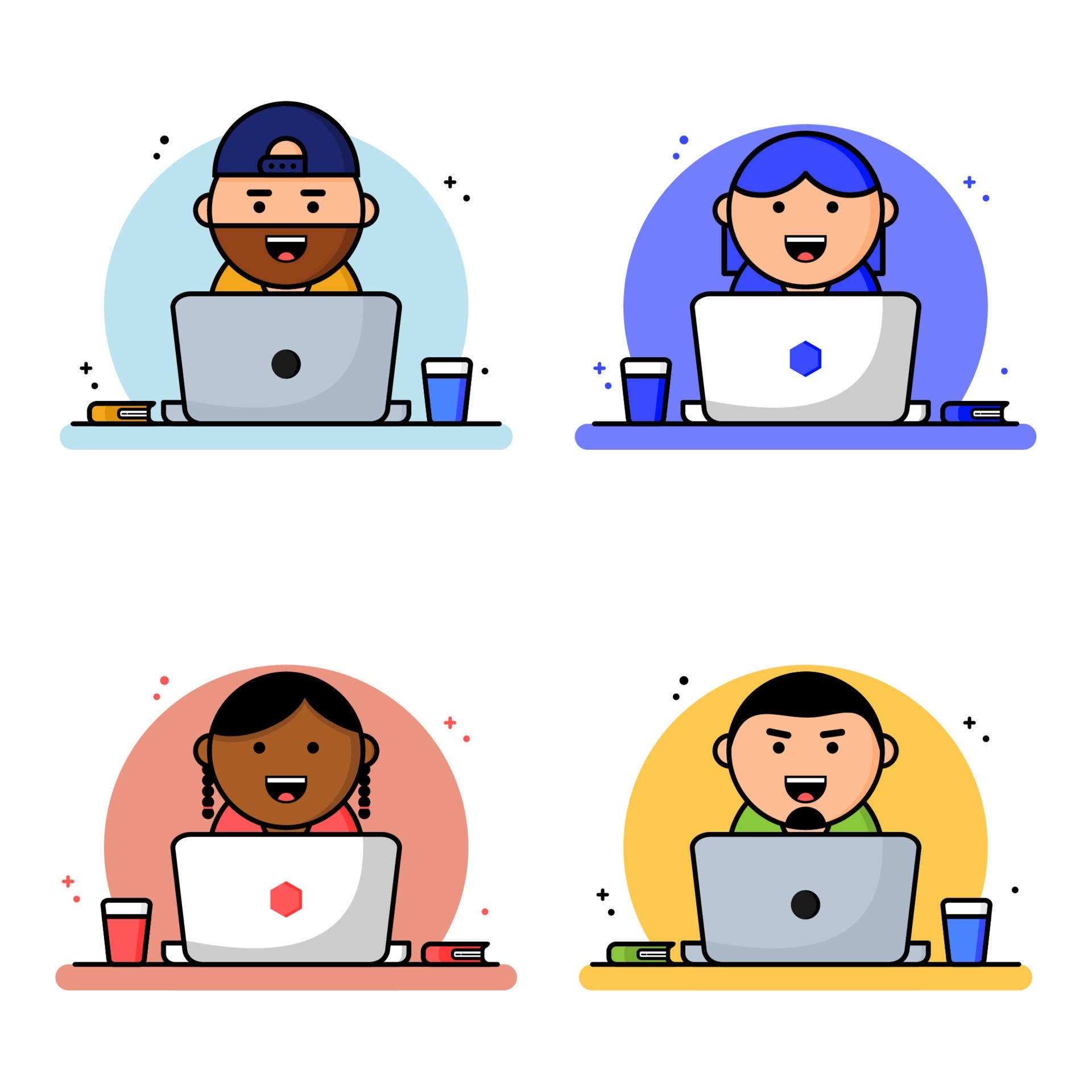 Illustration Art 桌布 壁紙 — 四個開心的卡通角色在色彩繽紛的桌子上使用筆記型電腦工作，旁邊有飲料和書籍。