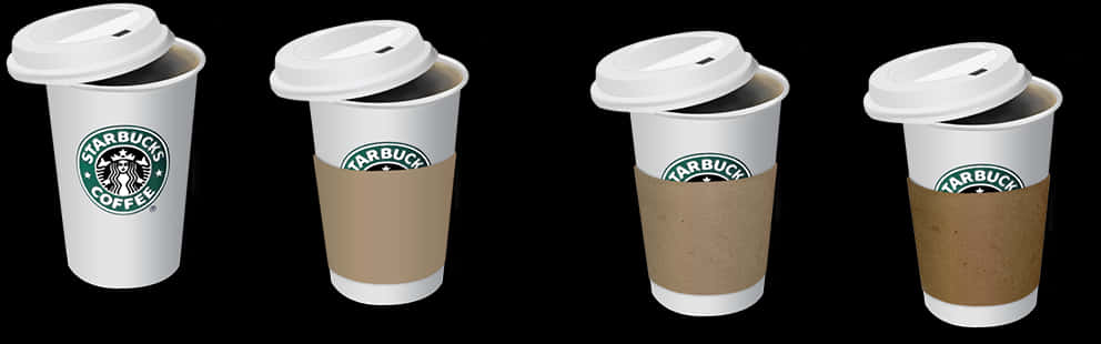 Starbucks Logo 桌布 壁紙 — 四個附有蓋子的Starbucks咖啡杯在黑色背景上排成一排。