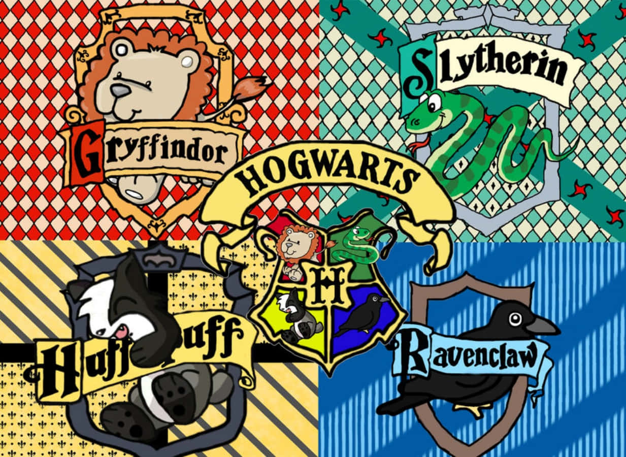 The Hogwarts Houses 桌布 壁紙 — 四個霍格華茲學院徽章以網格顯示，配有不同顏色背景和動物符號。