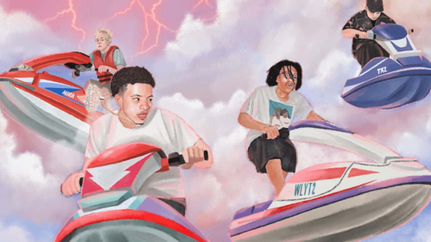 Lil Mosey 桌布 壁紙 — 四個青少年在粉紅色天空和閃電下，騎乘水上摩托車穿過蓬鬆的雲層。