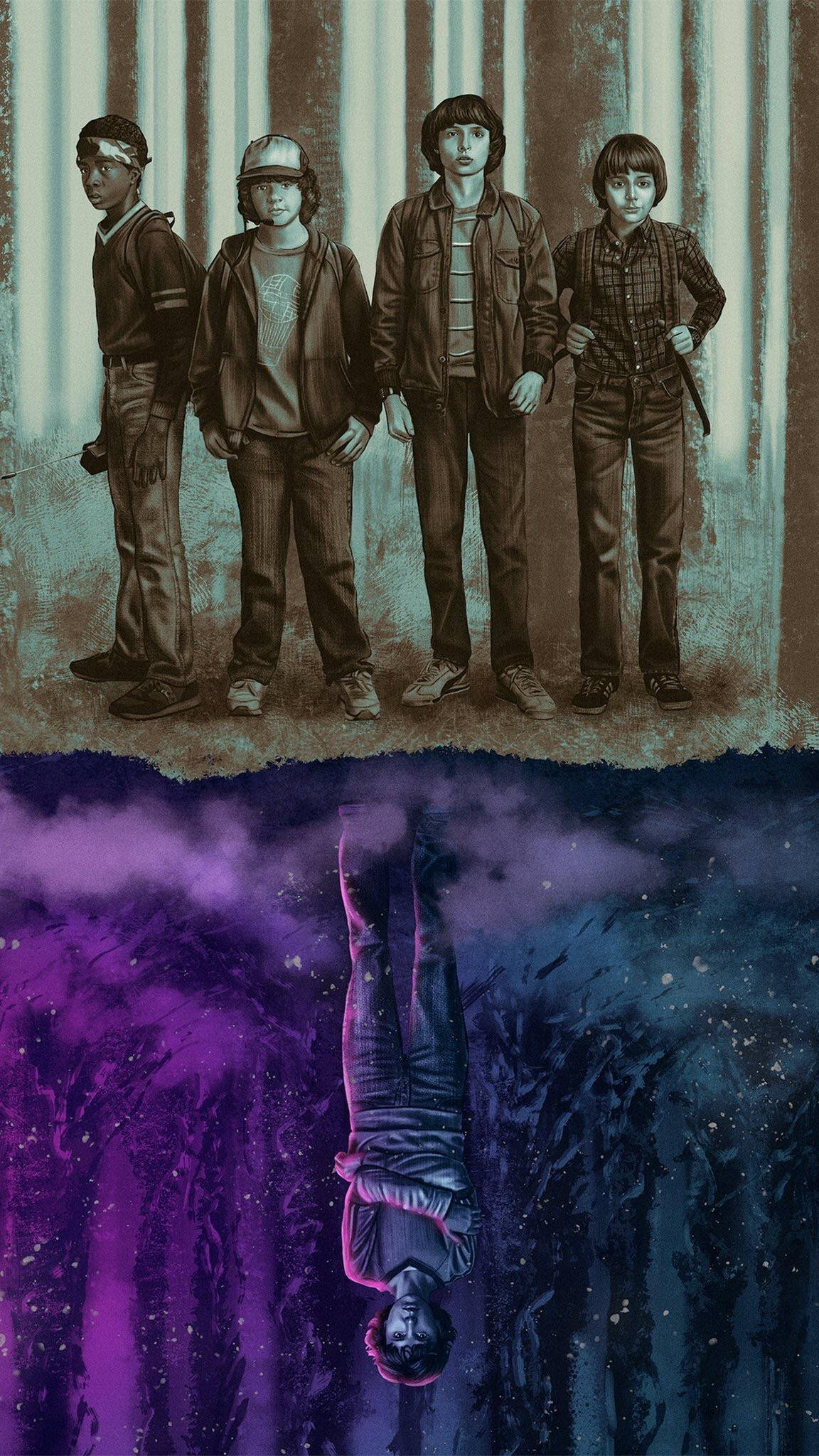 怪奇物語 桌布 壁紙 — 四個青少年站在森林中，一個超現實的倒置人物掉入下方的紫色宇宙虛空。