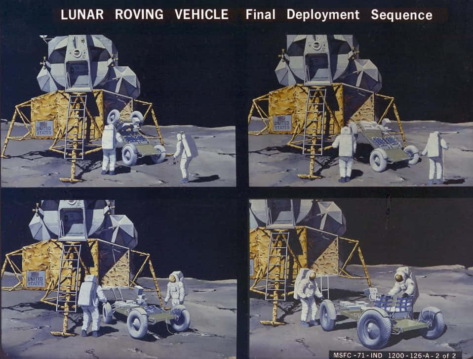 Lunar Rover 桌布 壁紙 — 四個面板顯示太空人在黑色天空下從登陸器在月球灰色表面部署月球車。
