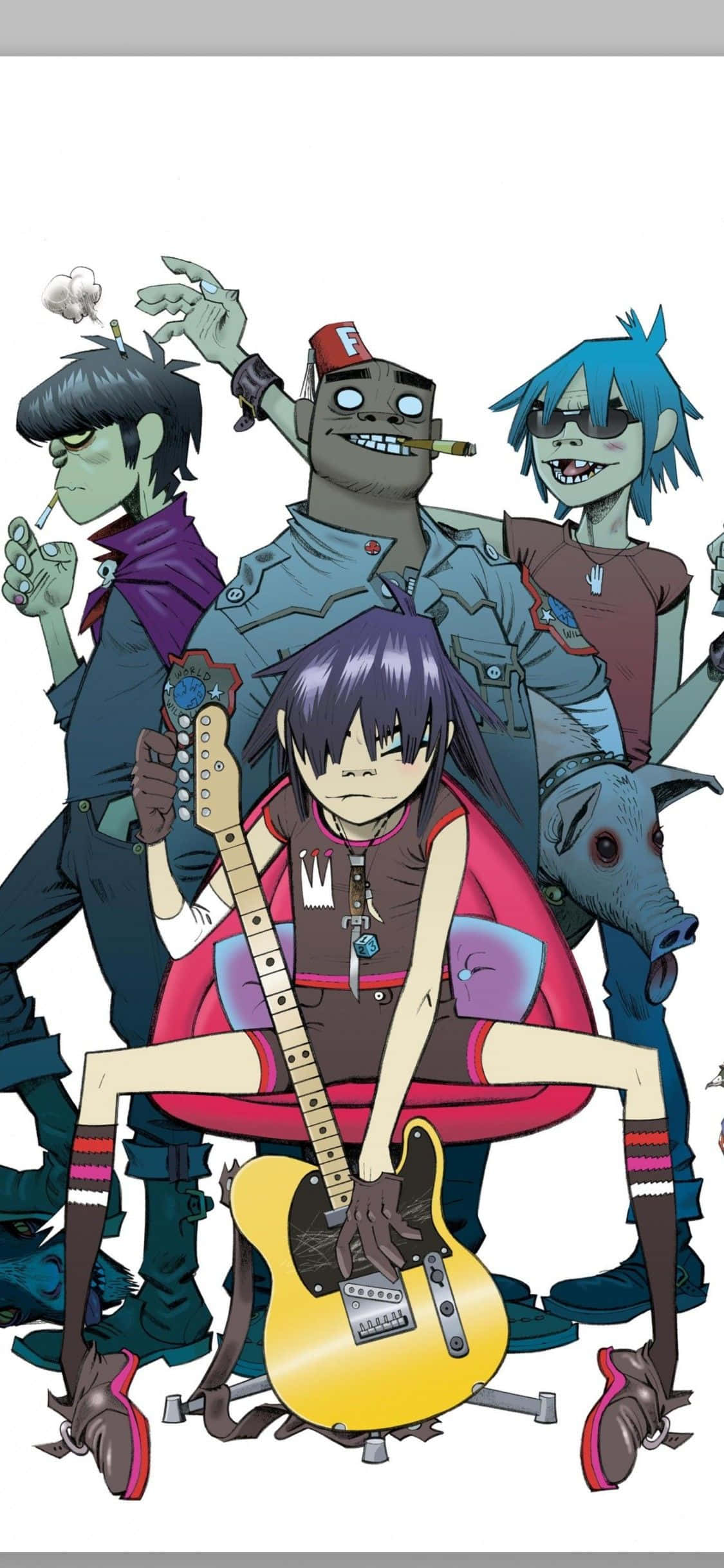 band 桌布 壁紙 — 四個風格化動畫樂隊成員在純白色背景前擺姿勢，手持吉他並有煙霧效果。