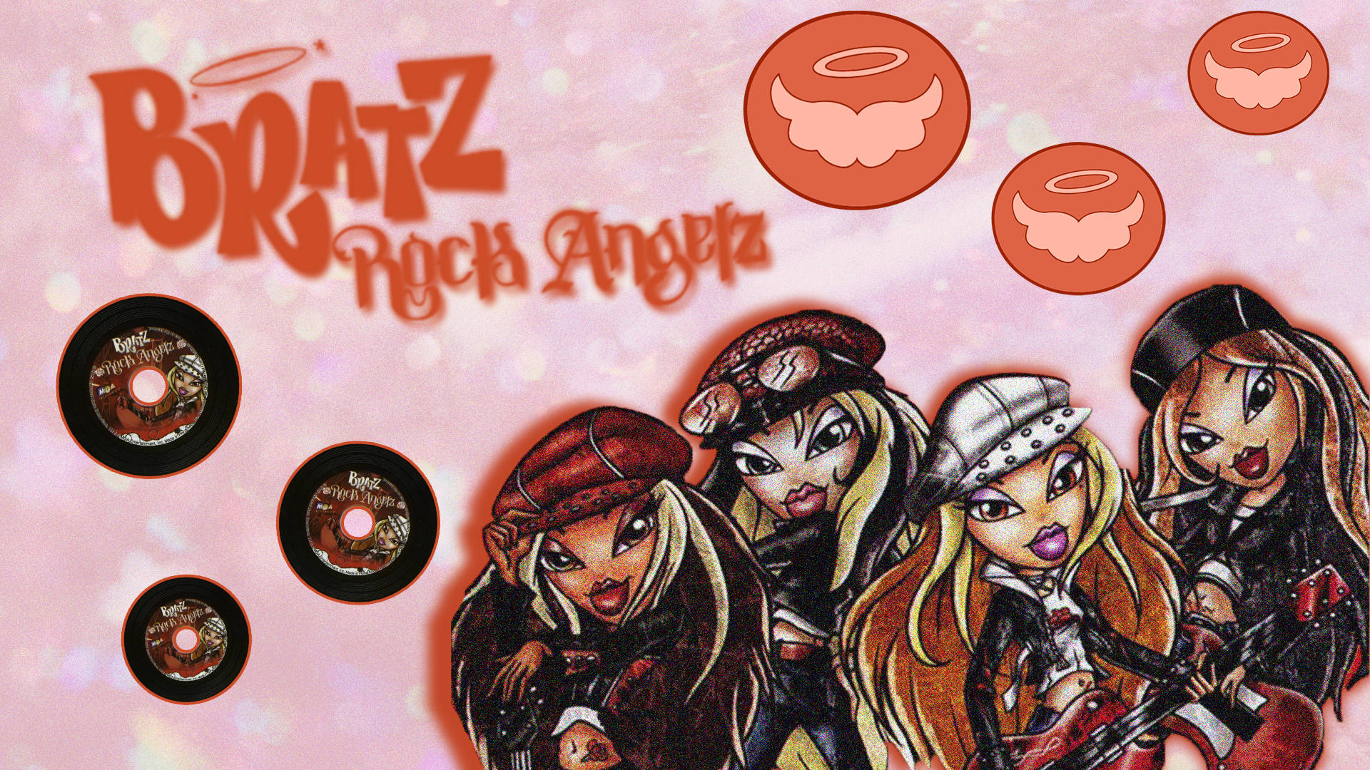 bratz 美學 桌布 壁紙 — 四個風格化的 Bratz Rock Angels 角色，手持吉他並帶有天使翅膀，在粉紅色閃亮背景上與黑膠唱片一起漂浮。