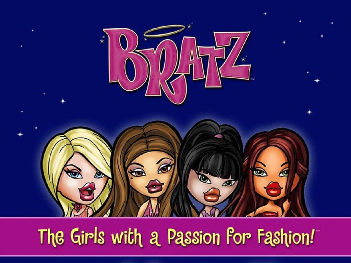 Bratz 桌布 壁紙 — 四個風格化的 Bratz 娃娃，帶有鮮豔的妝容和色彩繽紛的頭髮，站在星空夜空下，上方是粉紅色的 'Bratz' 標誌。