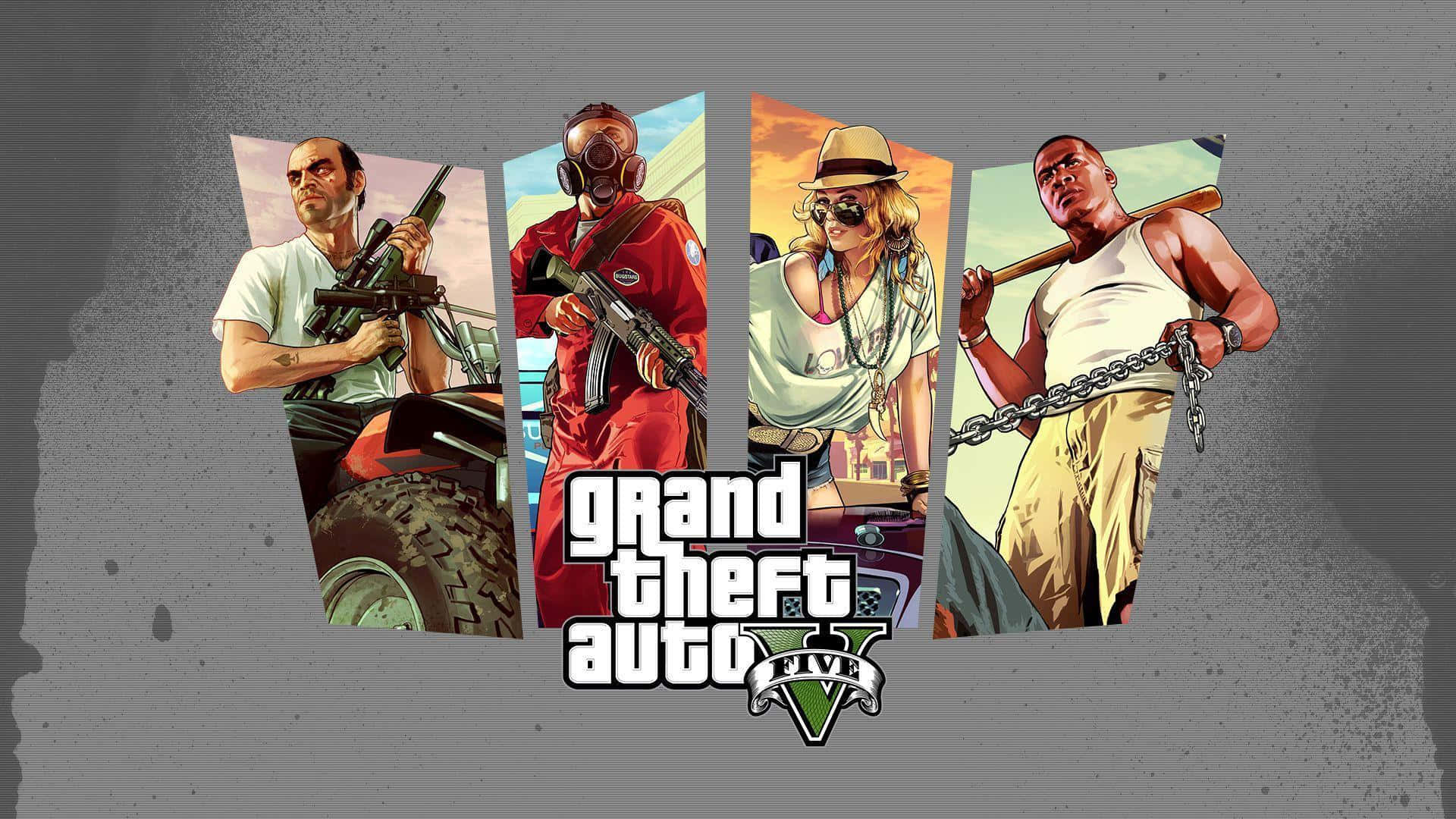 GTA 5 動圖 桌布 壁紙 — 四個風格化的 GTA V 角色，以不同的姿勢和服裝，在粗糙的灰色背景前。