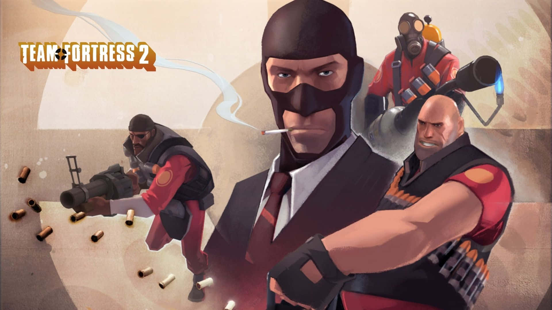 1920x1080 Tf2 桌布 壁紙 — 四個風格化的 Team Fortress 2 角色穿著紅色和黑色裝備，在米色背景上動態擺姿勢，周圍散落著子彈殼。