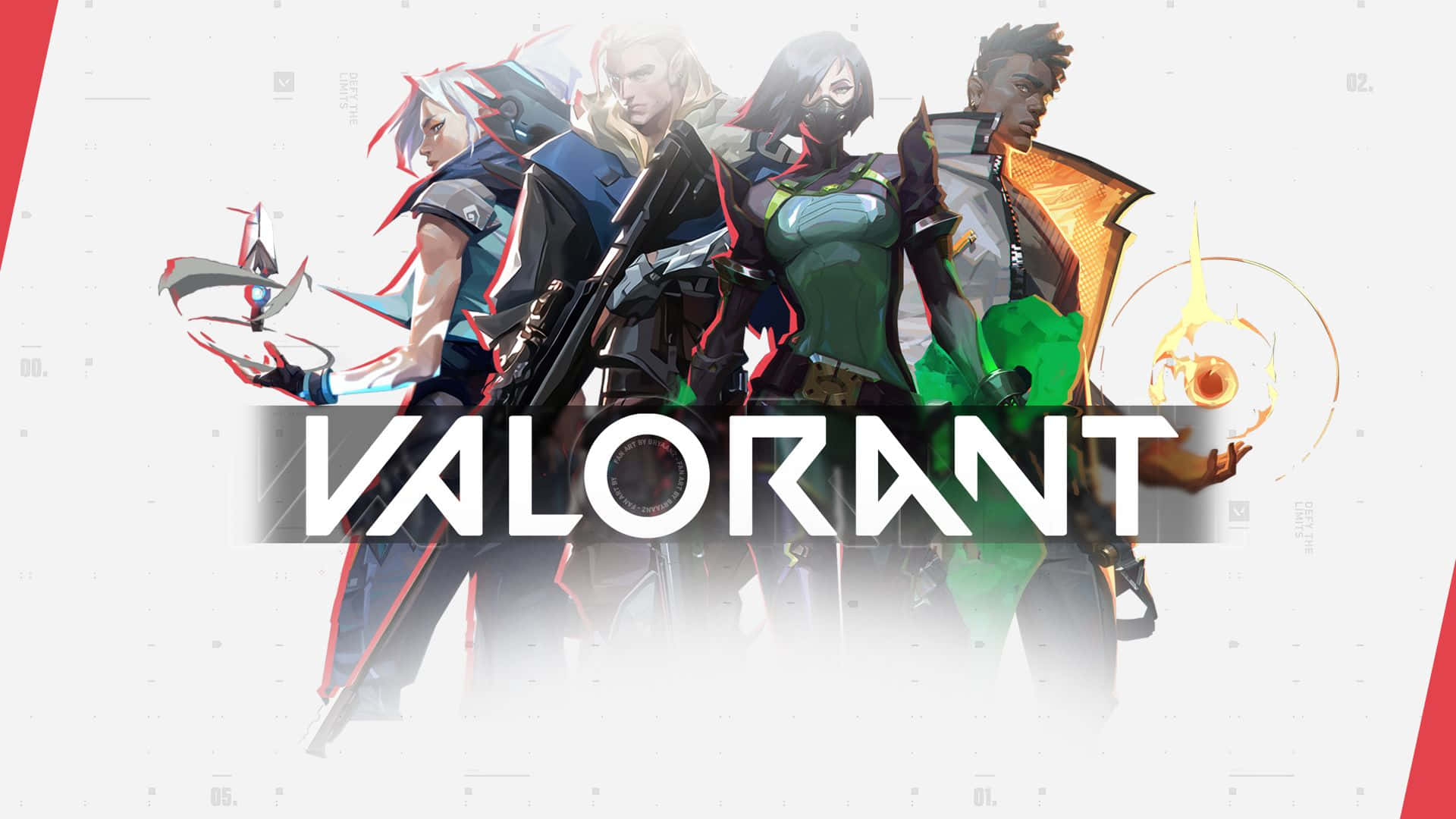 桌布 壁紙 — 四個風格化的Valorant特務以動態姿勢站立，武器和能力在極簡白色背景上發光。