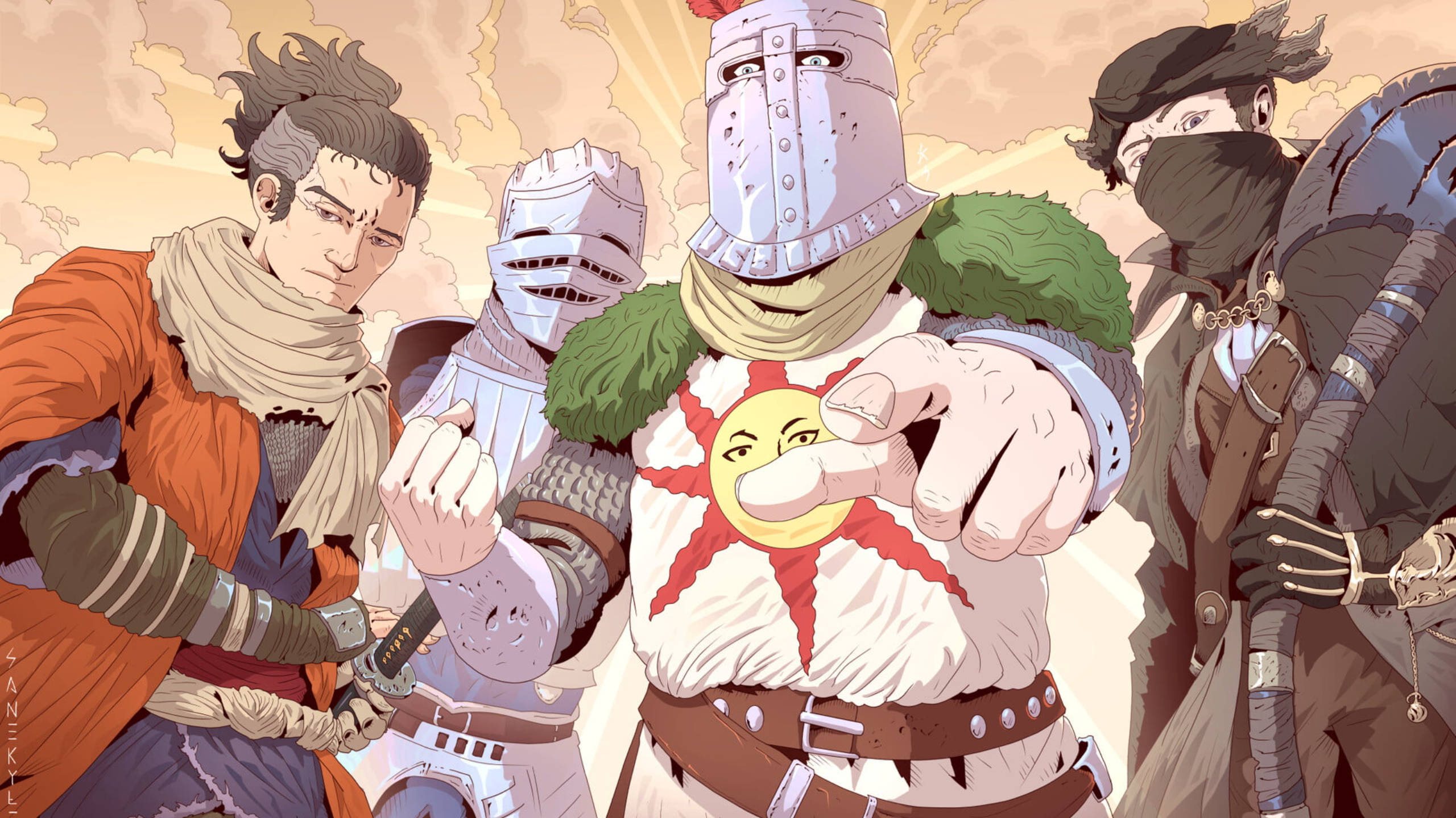 Sekiro 桌布 壁紙 — 四個風格化的中世紀盔甲戰士並肩站立在溫暖的多雲天空下，其中一個胸前有太陽標誌並指向前方。