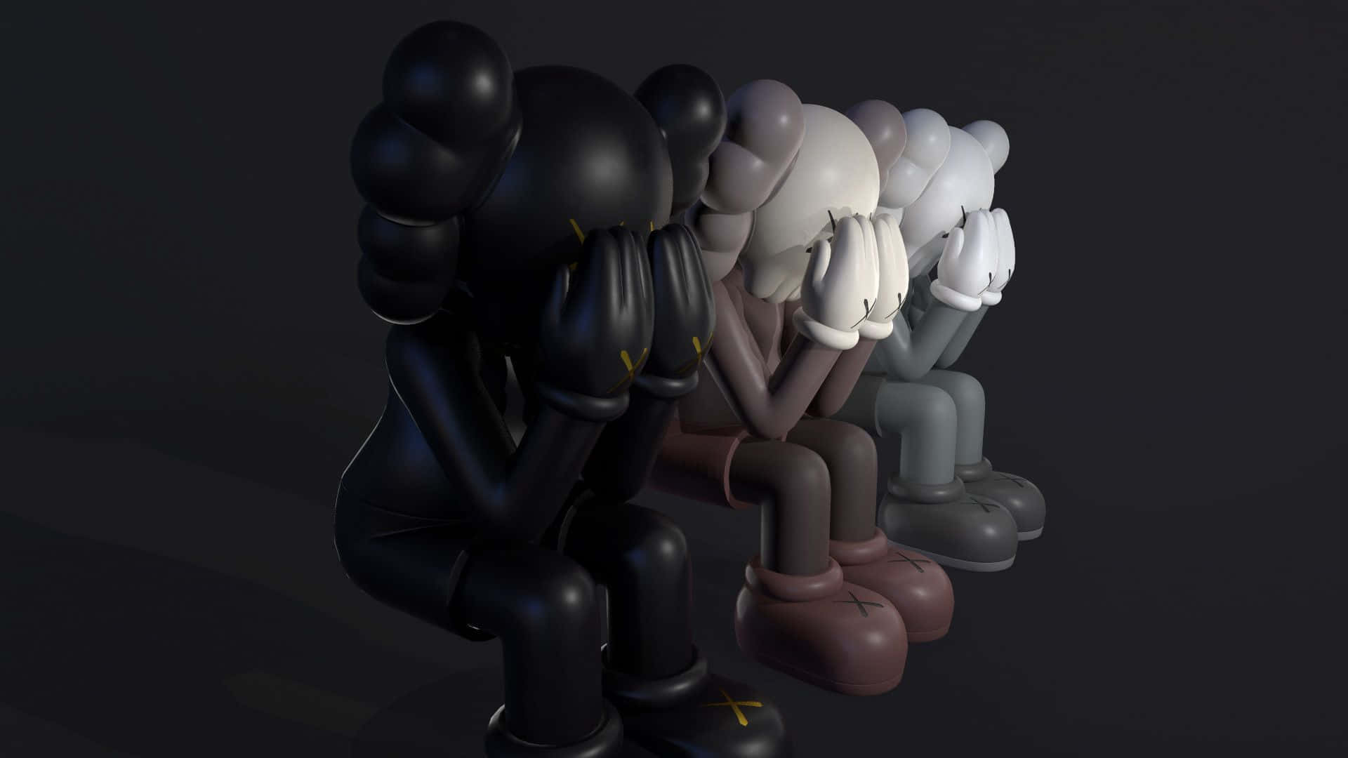 kaws laptop 桌布 壁紙 — 四個風格化的人物以漸變色調坐成一排，在深色背景前用手遮住臉。