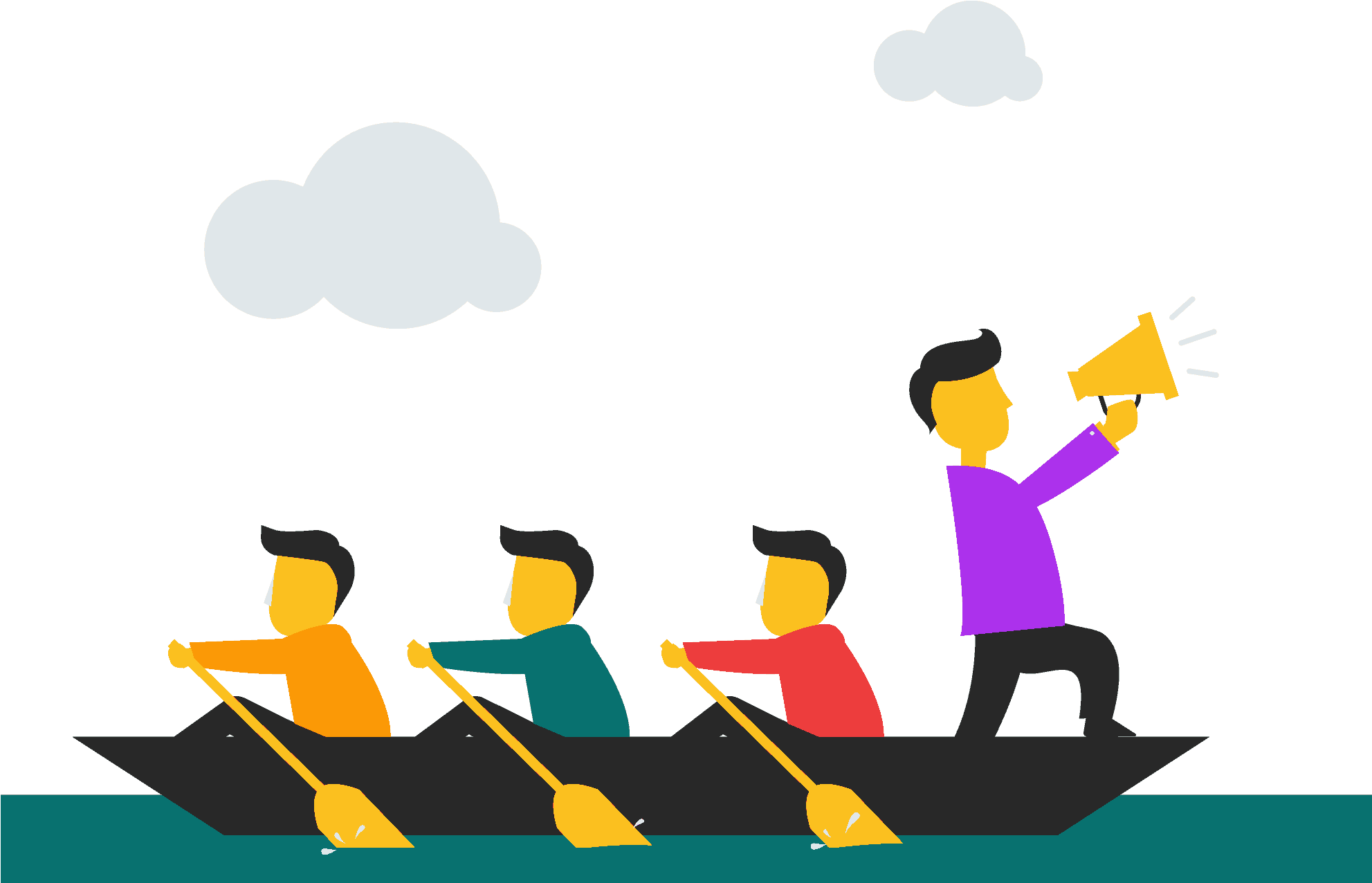 Teamwork 桌布 壁紙 — 四個風格化的人物在夜間划船，其中一人對著擴音器大喊，天空只有一朵雲。